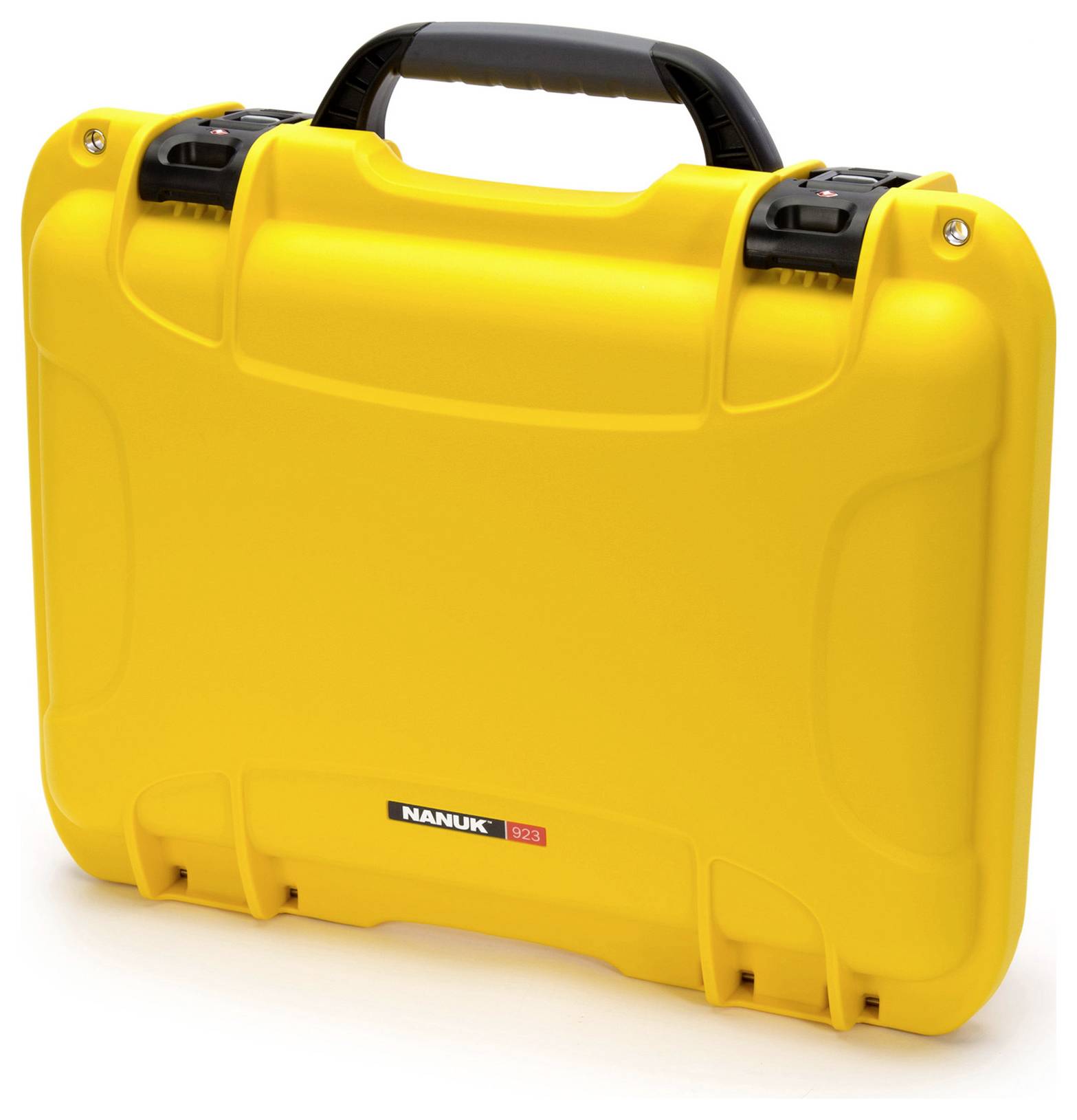 Valise rigide jaune, robuste, avec poignée et fermetures, probablement destinée au transport sécurisé d'équipements sensibles.