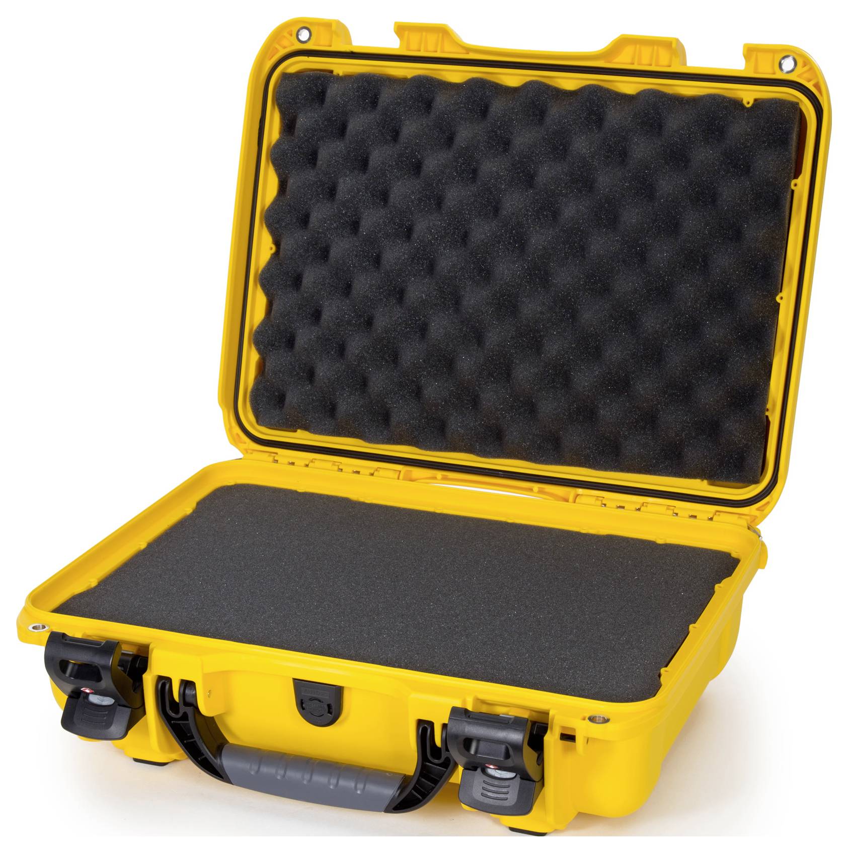 Une valise rigide jaune ouverte, avec un intérieur en mousse, adaptée au transport sécurisé d'objets fragiles.