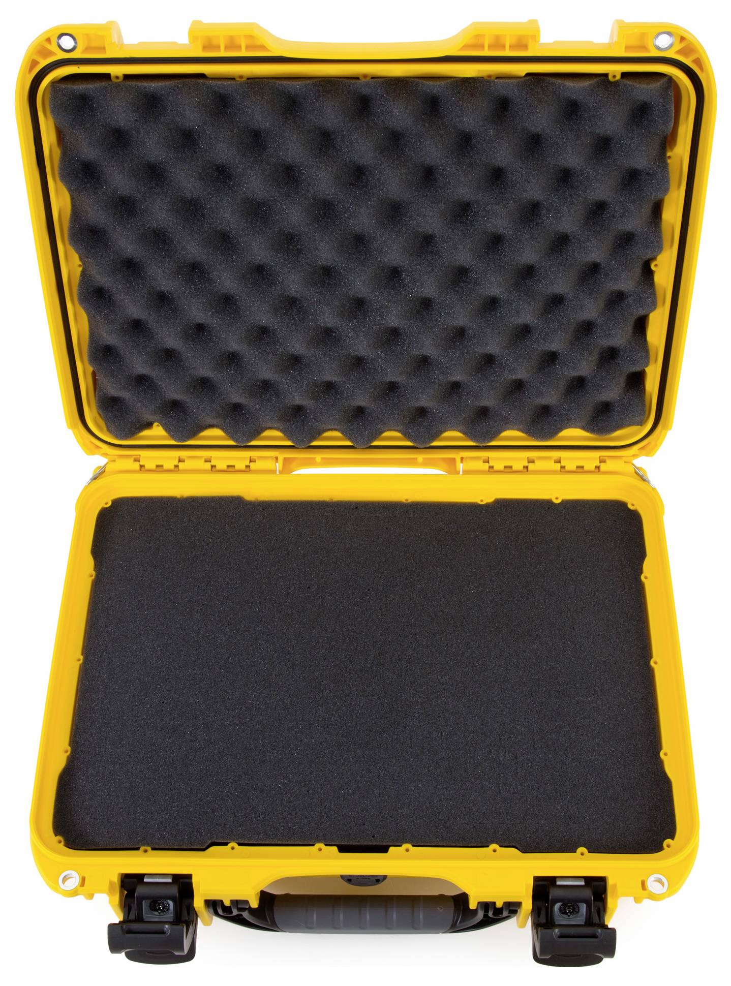 Mallette de protection jaune ouverte avec doublure intérieure en mousse noire, conçue pour le transport sécurisé d'objets fragiles.