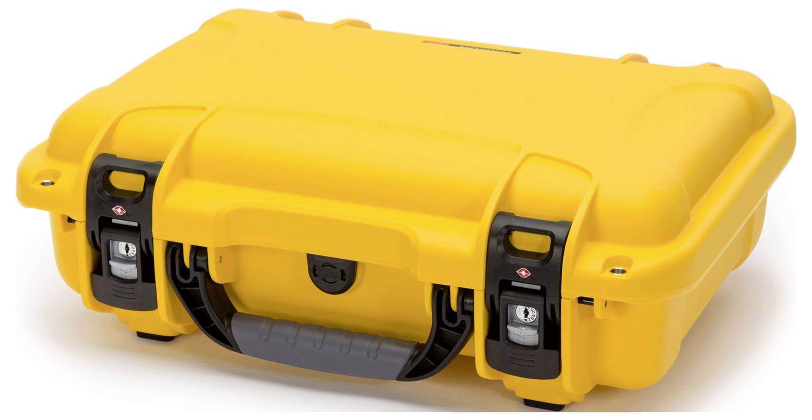 Étui en plastique jaune robuste avec des fermetures noires et une poignée de transport, adapté pour protéger des équipements sensibles.