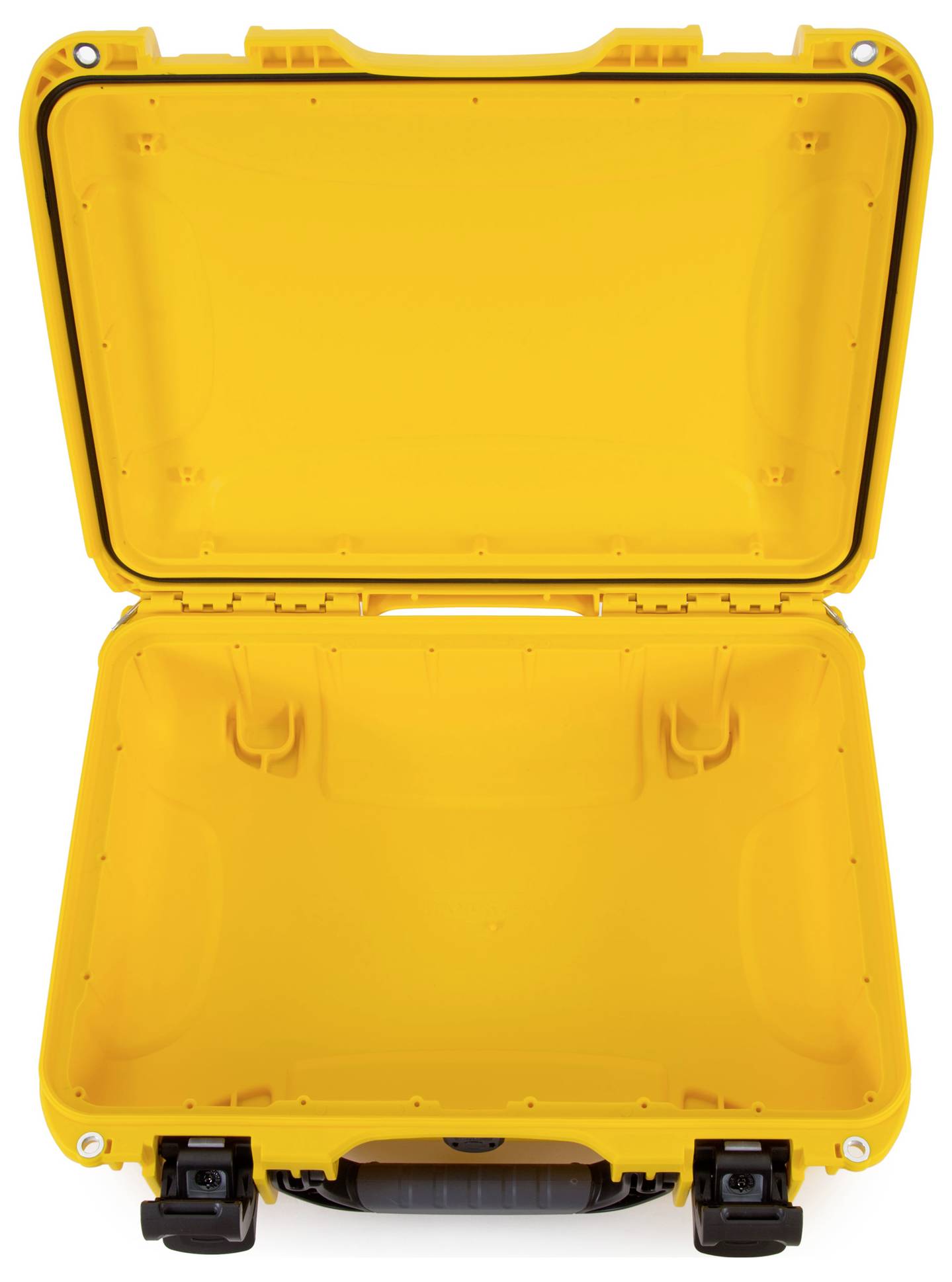 Une valise rigide jaune ouverte avec un mécanisme de fermeture noir, qui est vide à l'intérieur.