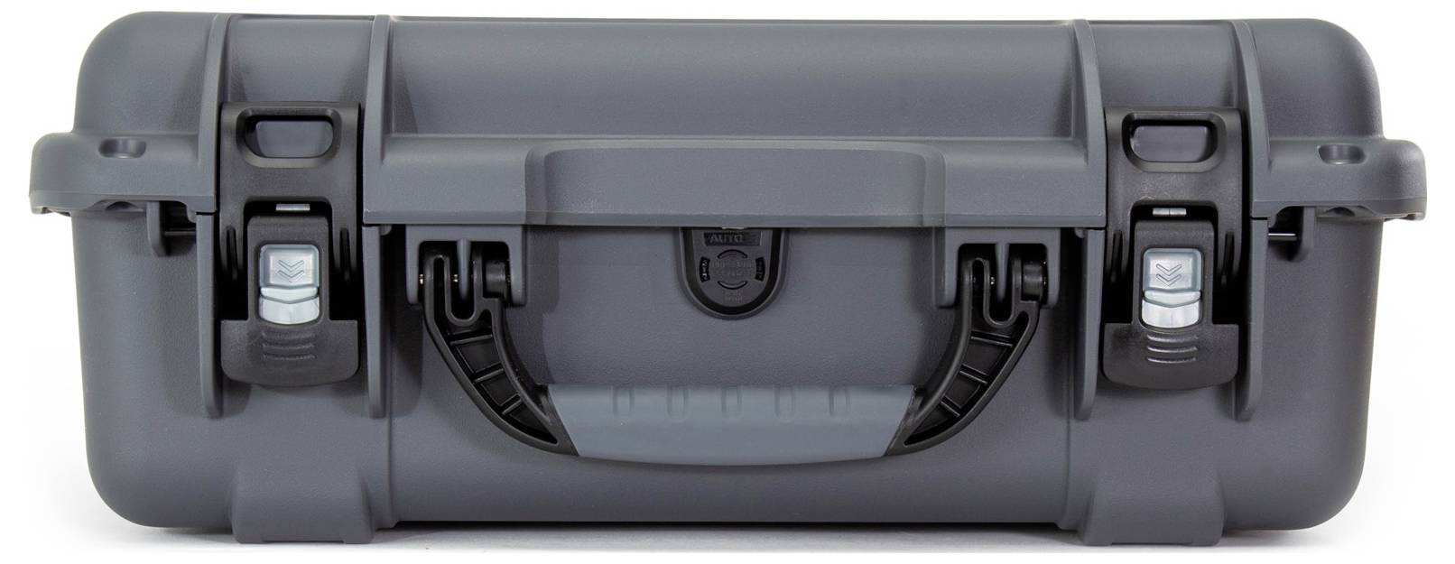 Étui de protection gris, robuste, avec deux fermoirs à boucles et une poignée de transport. Adapté pour sécuriser un équipement délicat.