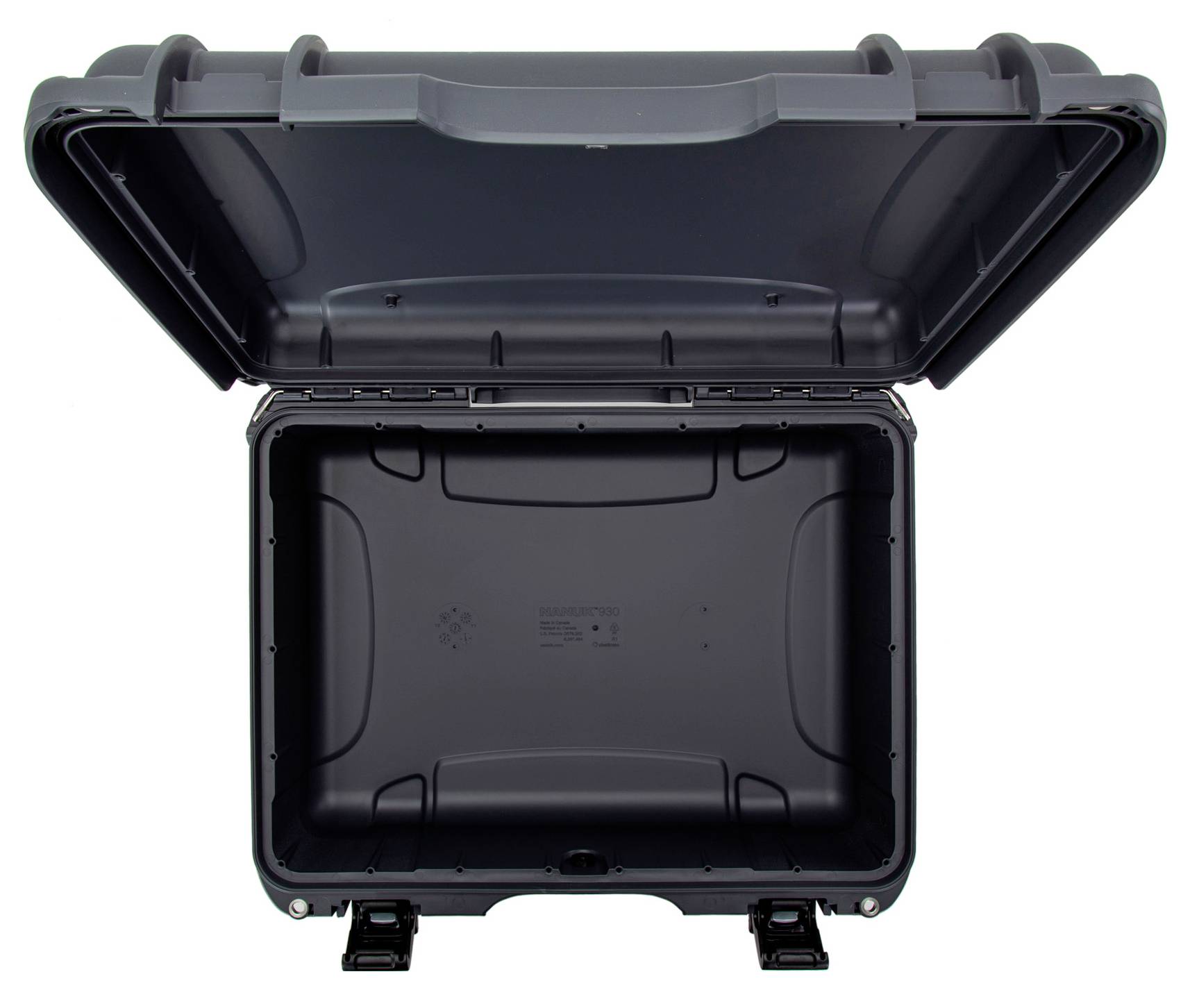 Un étui de protection noir, ouvert, vide, avec un boîtier robuste et deux fermetures, adapté pour le transport sécurisé d'équipement.