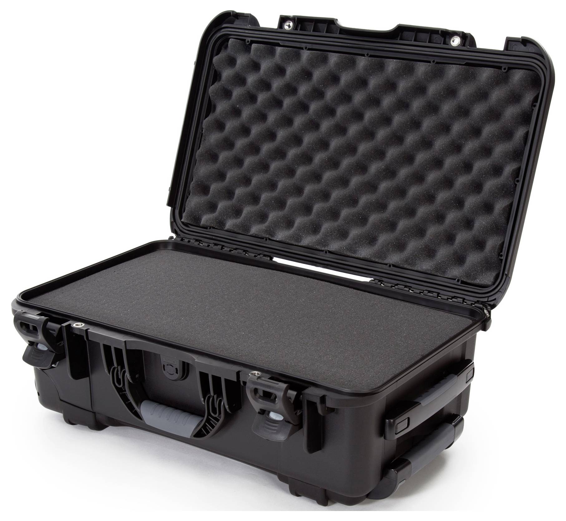 Valise rigide noire avec ouverture et intérieur en mousse, adaptée au transport sécurisé d'objets fragiles.