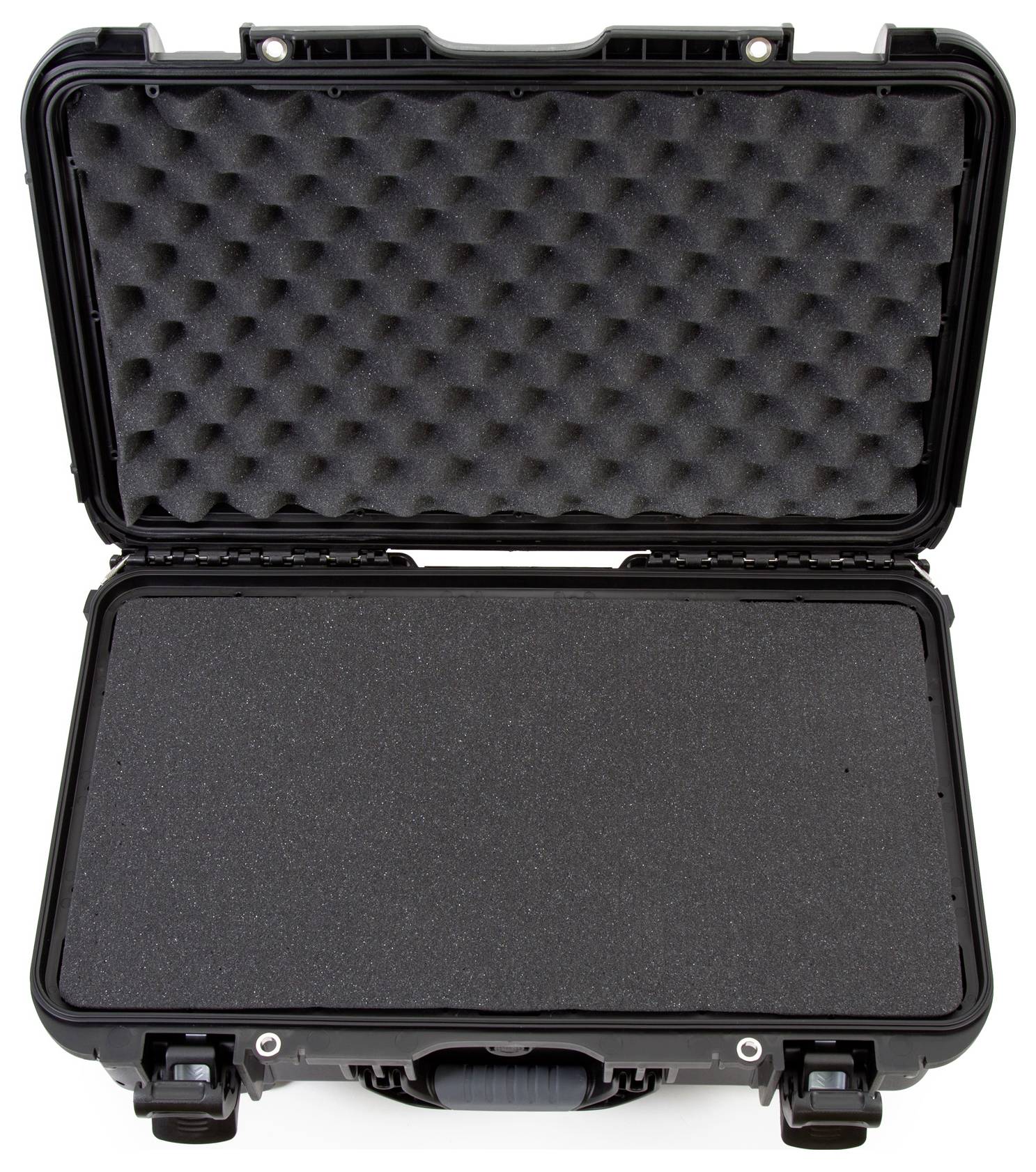 Une valise noire ouverte avec un rembourrage en mousse à l'intérieur, adaptée au transport sécurisé d'objets fragiles.