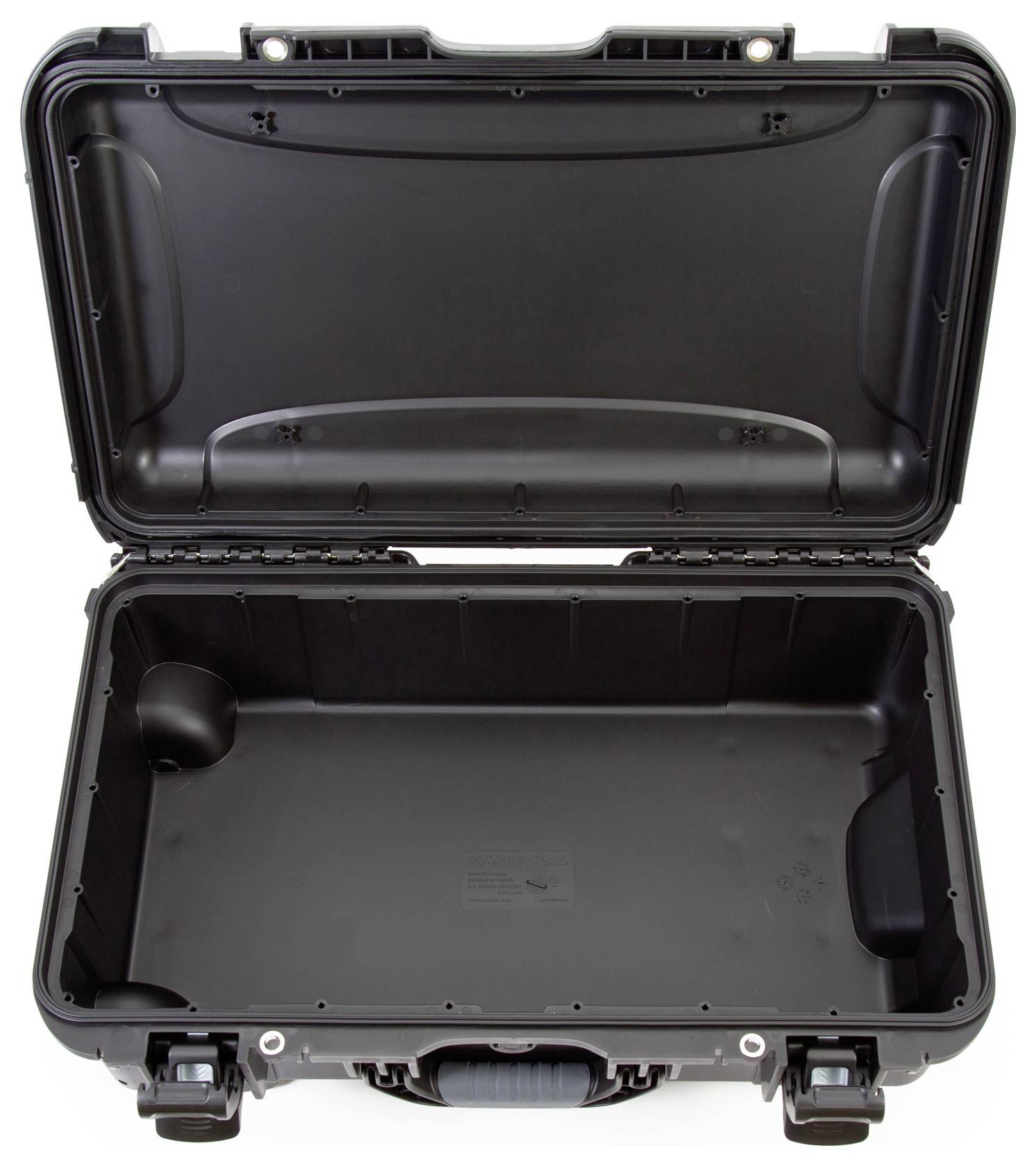 Valise de protection noire ouverte avec coque extérieure robuste et fermetures solides, adaptée au transport sécurisé d'objets fragiles.