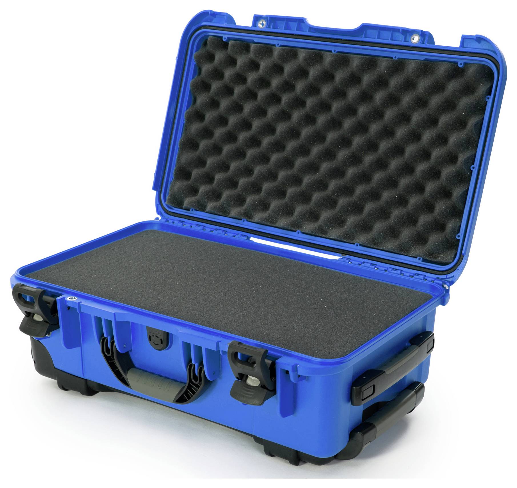 Une valise de protection bleue ouverte avec un insert en mousse noir. Idéale pour le transport en toute sécurité d'équipements fragiles.