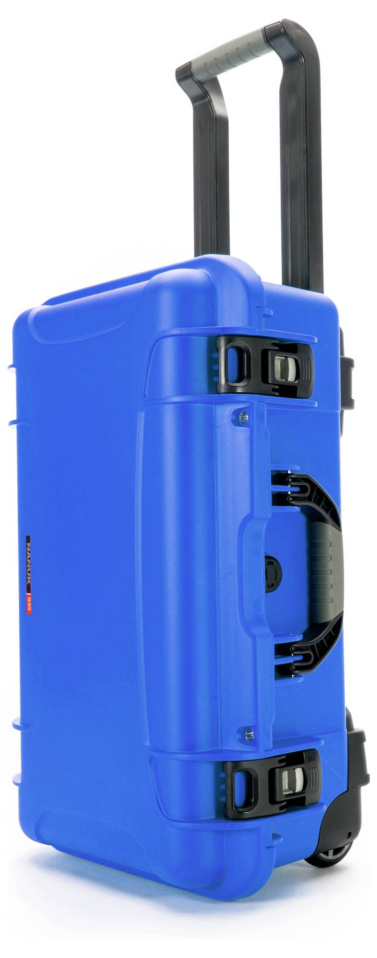 Une valise rigide bleue avec une poignée télescopique et des roues, positionnée verticalement. Idéale pour les voyages.