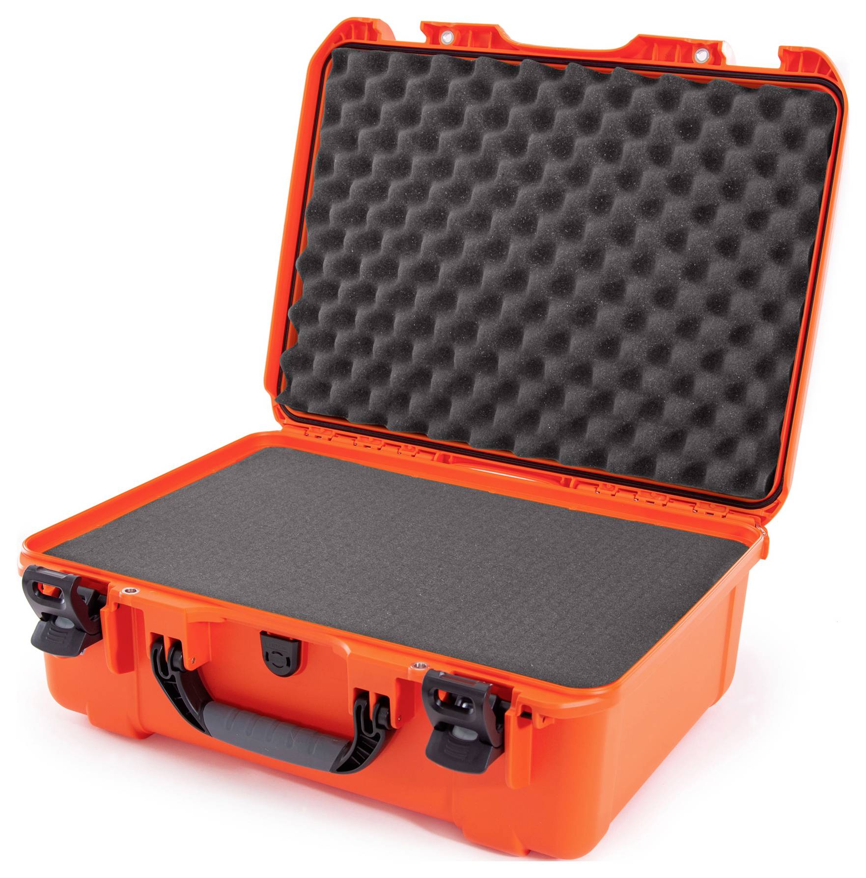 Une valise orange ouverte avec un coussin de mousse à l'intérieur, servant à protéger son contenu.