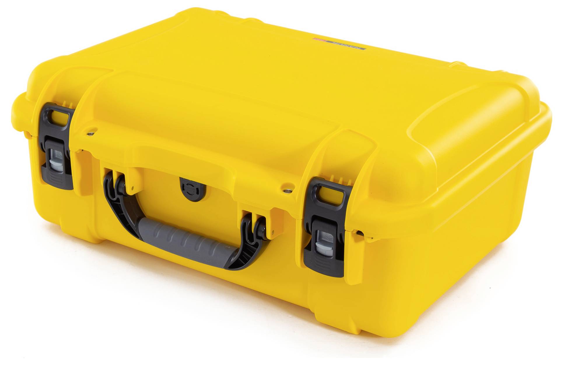 Une valise robuste jaune vif avec deux fermoirs noirs et une poignée ergonomique. Idéale pour un transport en toute sécurité.