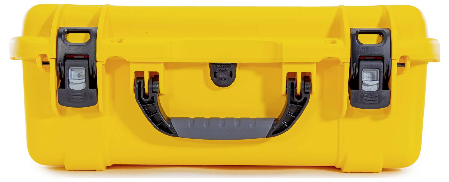 Coffret à outils jaune, robuste, équipé de deux fermetures noires et d'une poignée centrale. Adapté pour le transport sécurisé des outils.