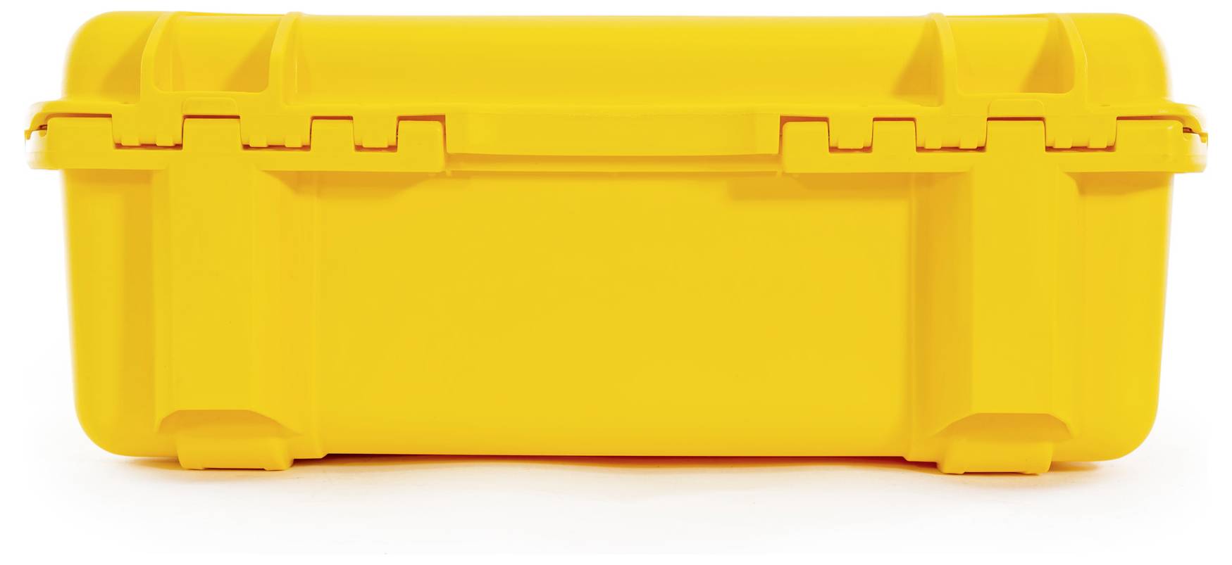 Valise de protection jaune sur fond blanc. La valise est fermée et équipée de fermetures latérales, adaptée pour un transport sécurisé.