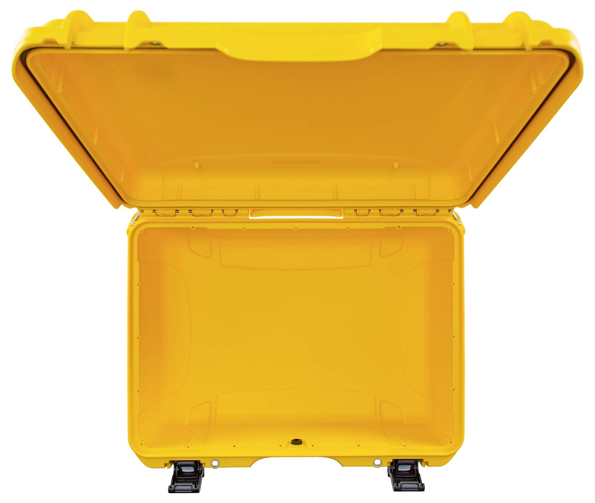 Une valise jaune ouverte avec une fermeture noire, vide et debout.