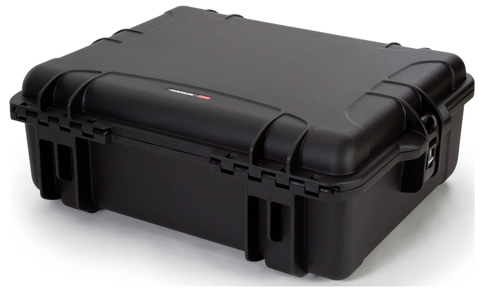 Valise rigide noire, robuste, avec coins renforcés et fermetures solides, adaptée au transport sécurisé d'objets fragiles.