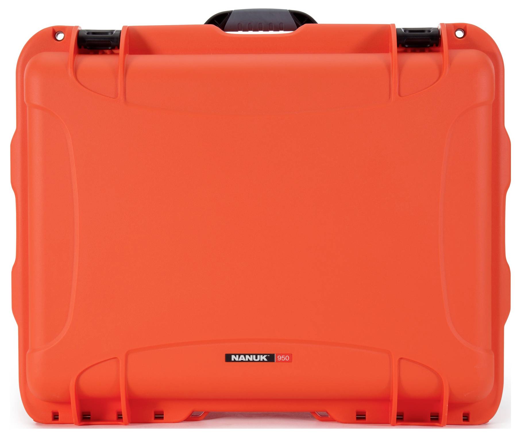 Un étui de protection robuste de couleur orange vif, avec une poignée noire, conçu pour le rangement et le transport sécurisé d'objets délicats.