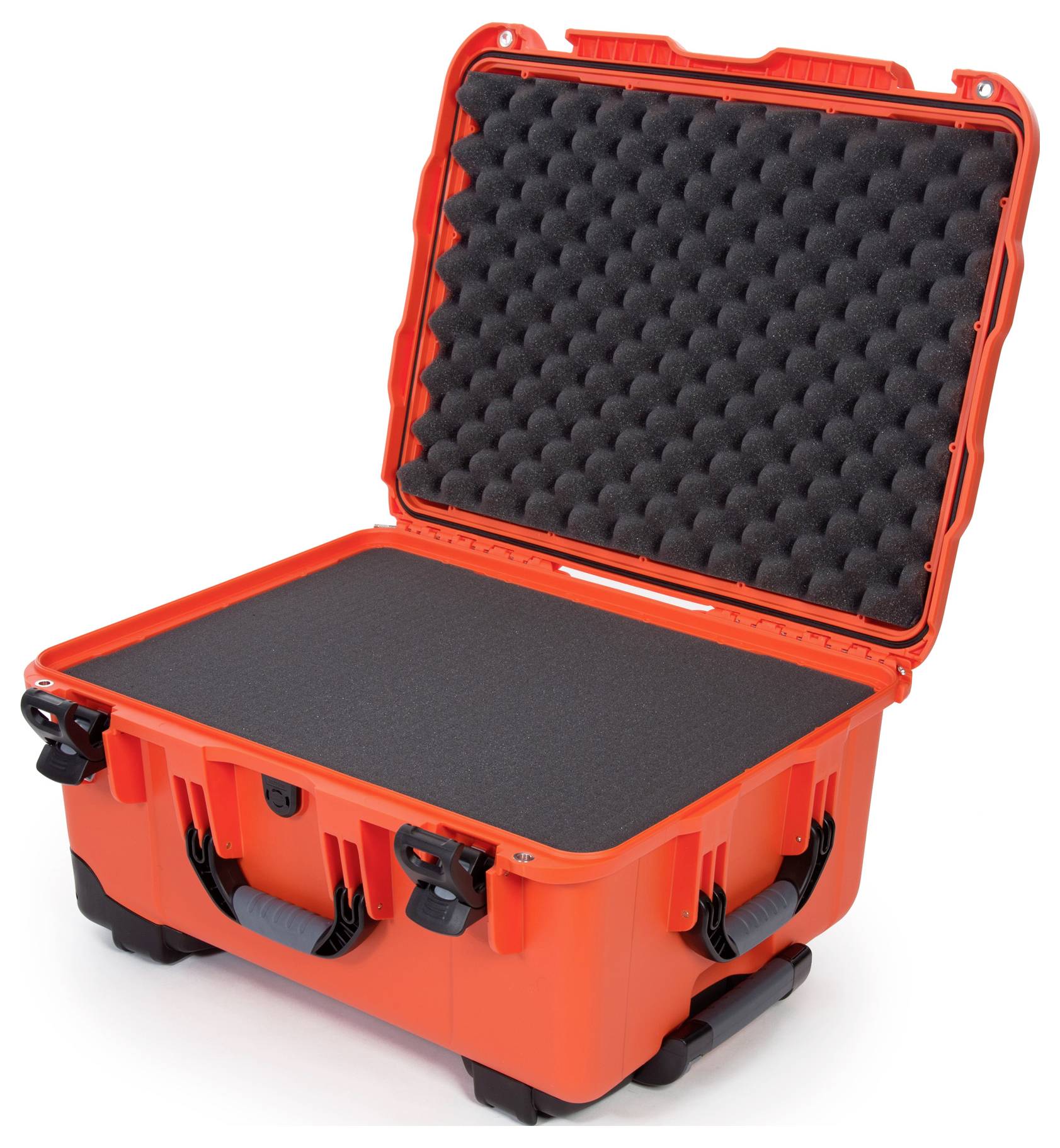 Une valise rigide rouge ouverte avec un intérieur en mousse, adaptée au transport sécurisé d'objets fragiles.