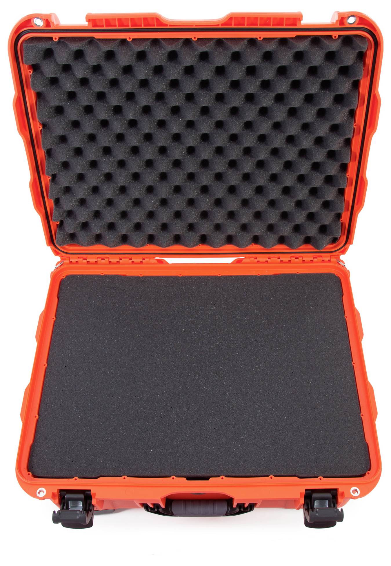 Un étui de protection vide, ouvert, orange avec un intérieur en mousse noir, prêt pour le rangement ou le transport d'objets délicats.