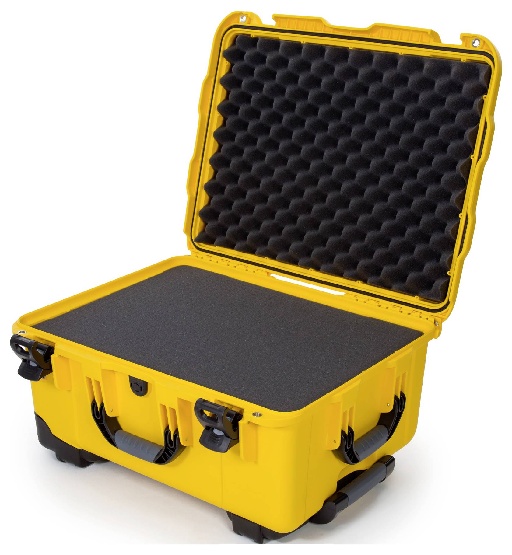Valise rigide jaune, ouverte, doublée de mousse noire, adaptée au transport sécurisé d'équipements sensibles.