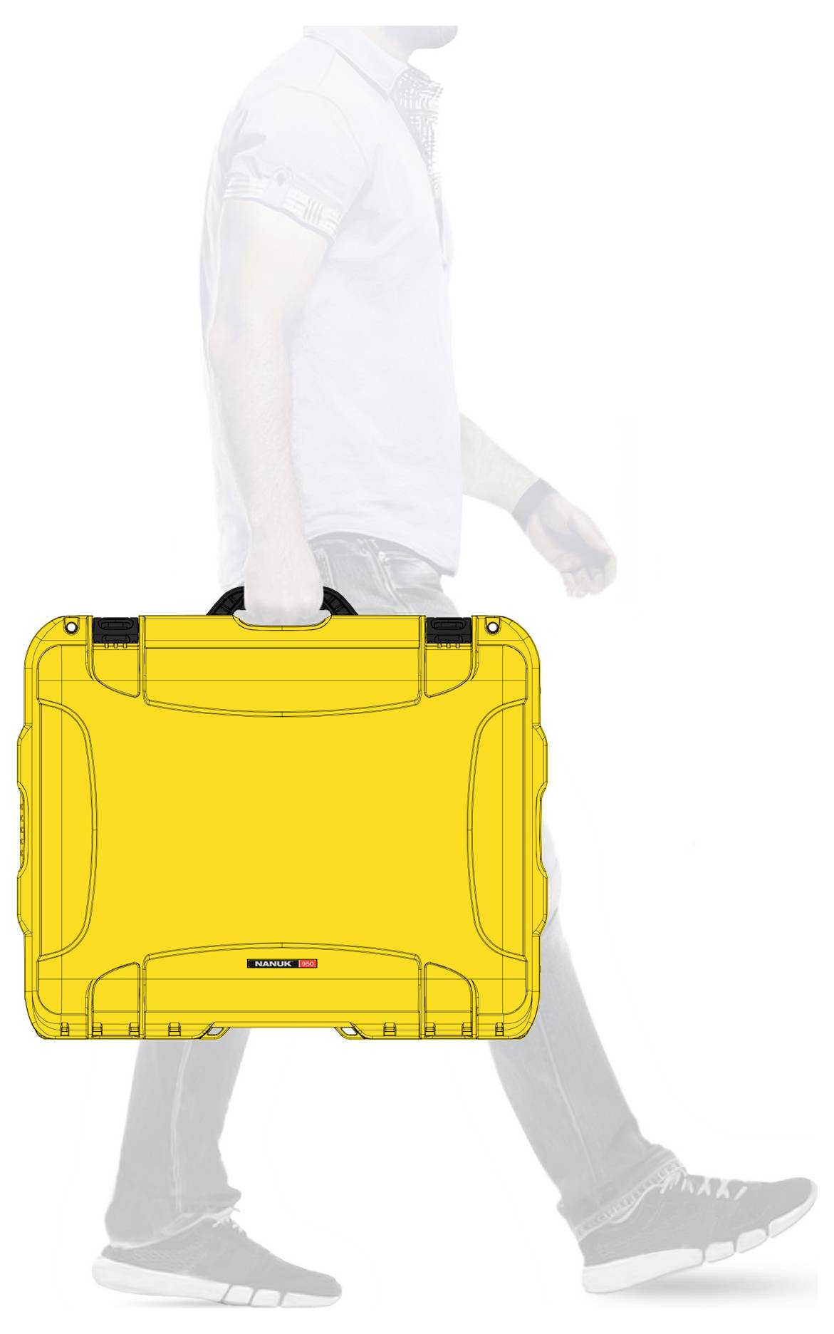 Un homme porte une valise jaune à la main. L'accent est mis sur la valise solide et bien visible.