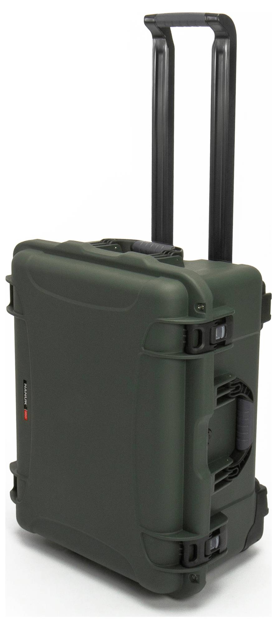 Une valise de voyage verte, robuste, dotée d'une poignée télescopique et de roues, adaptée au transport d'objets délicats.