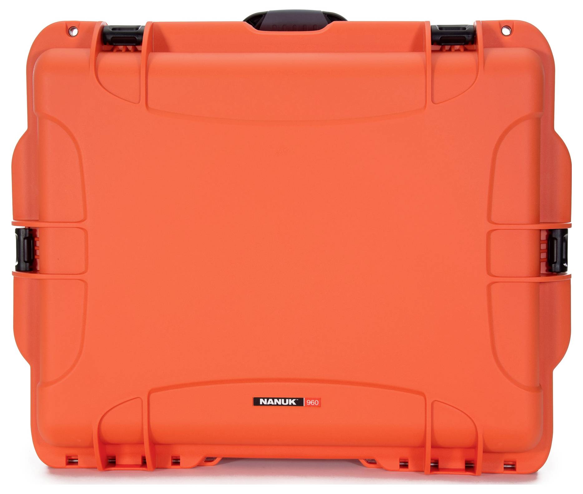 Un étui de protection robuste orange vif avec une poignée et des fermetures noires, permettant un transport en toute sécurité.