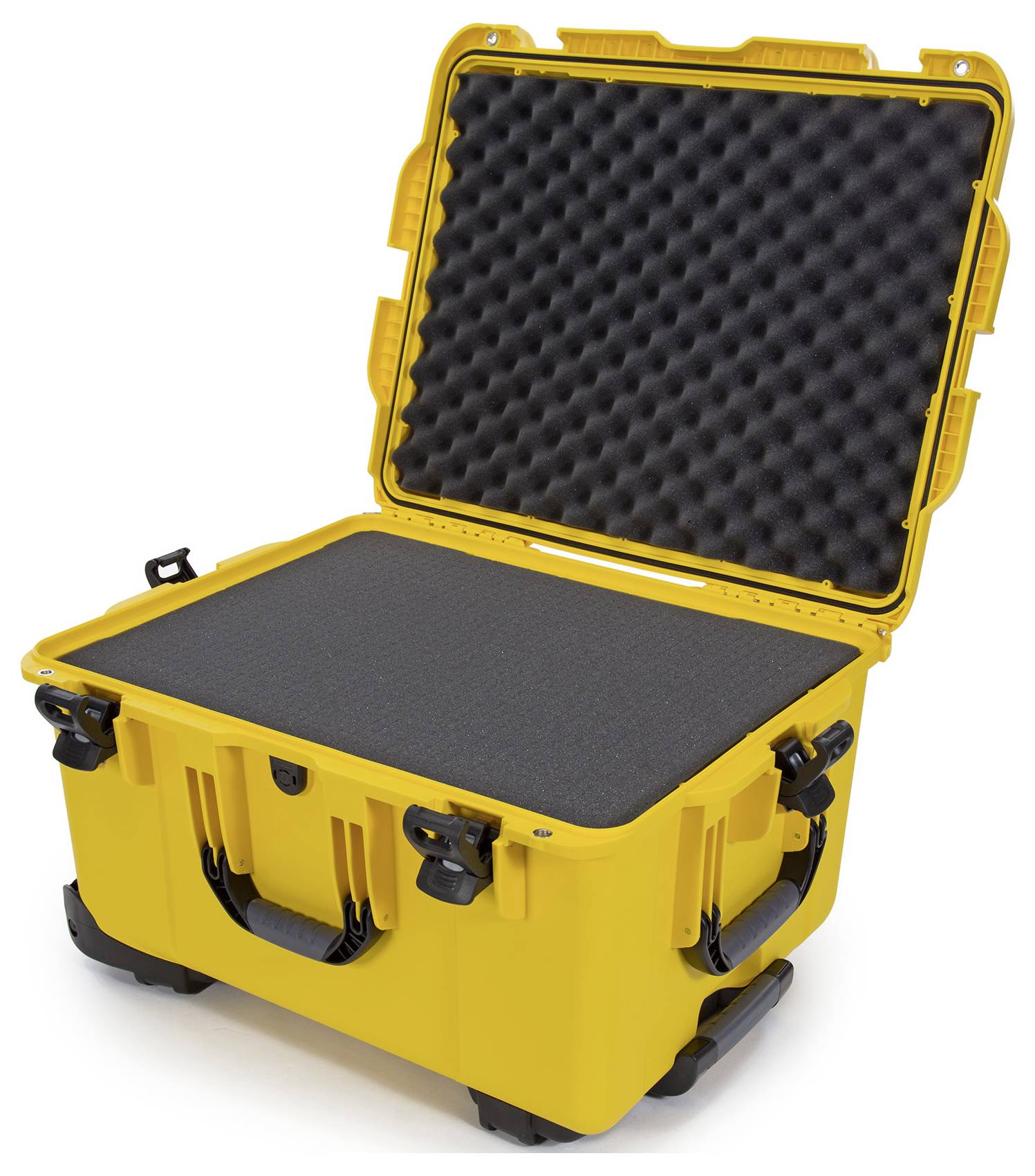 Mallette de protection robuste et jaune avec couvercle ouvert et mousse de protection, adaptée au transport sécurisé d'équipements sensibles.