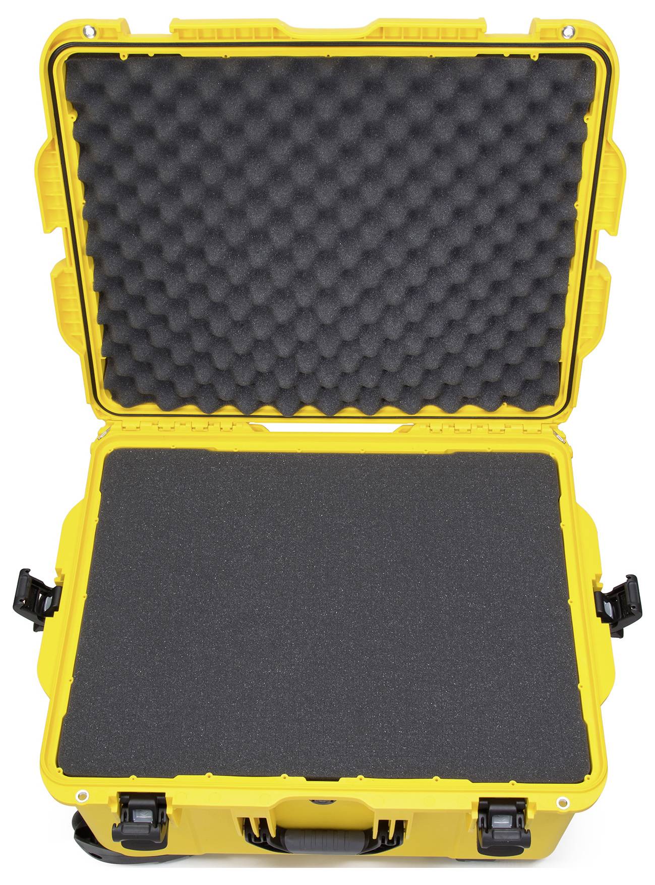 Valise de protection jaune avec couvercle ouvert, garniture intérieure en mousse noire, adaptée au stockage et au transport sécurisé d'équipements sensibles.