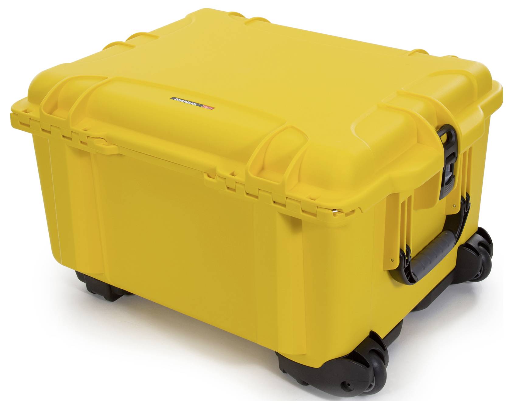 Valise de protection jaune à roulettes et poignée robuste, adaptée au transport d'équipements sensibles.