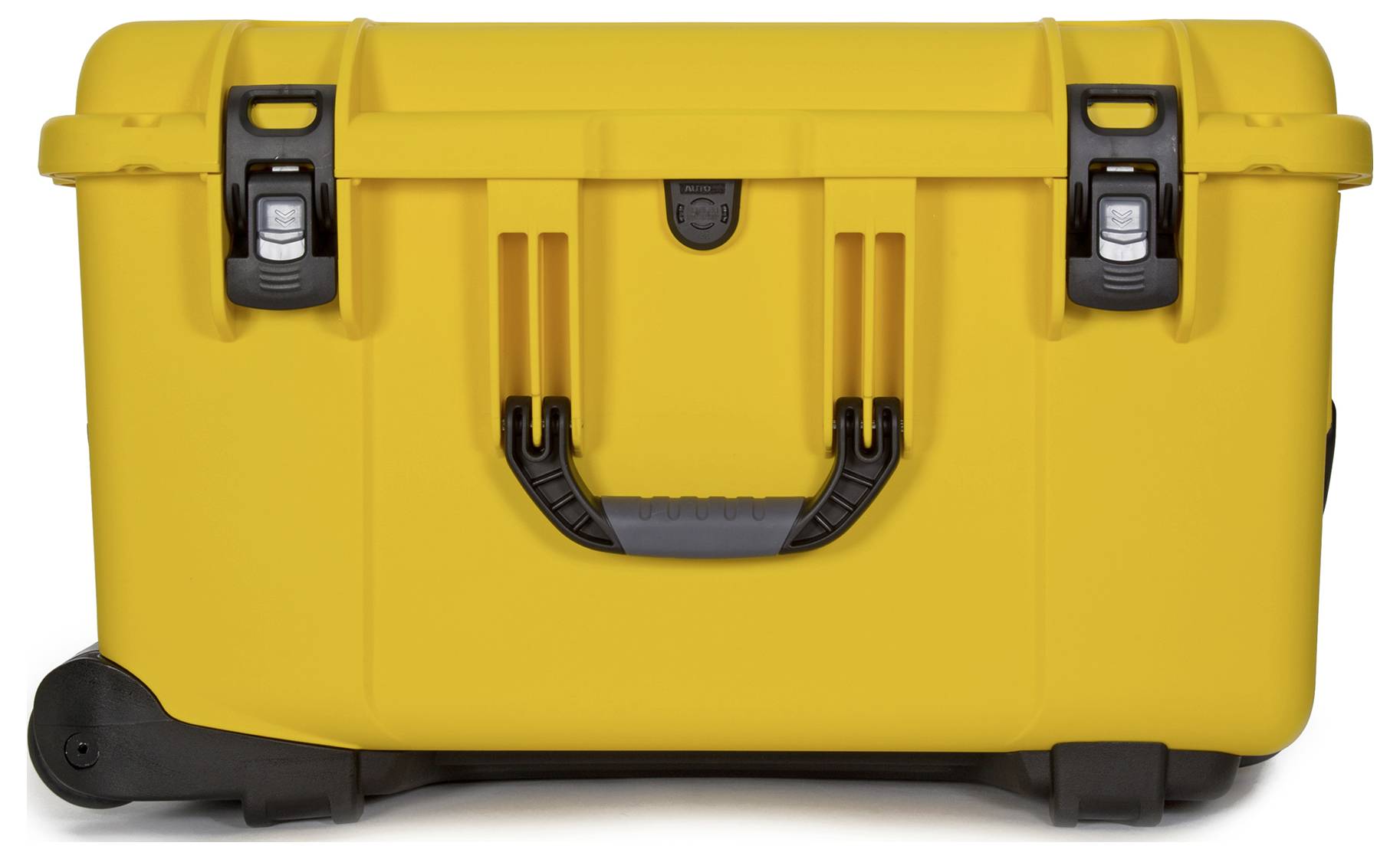 Valise jaune, robuste, avec deux serrures noires et une poignée de transport, montée sur roulettes. Adaptée pour un transport en toute sécurité.