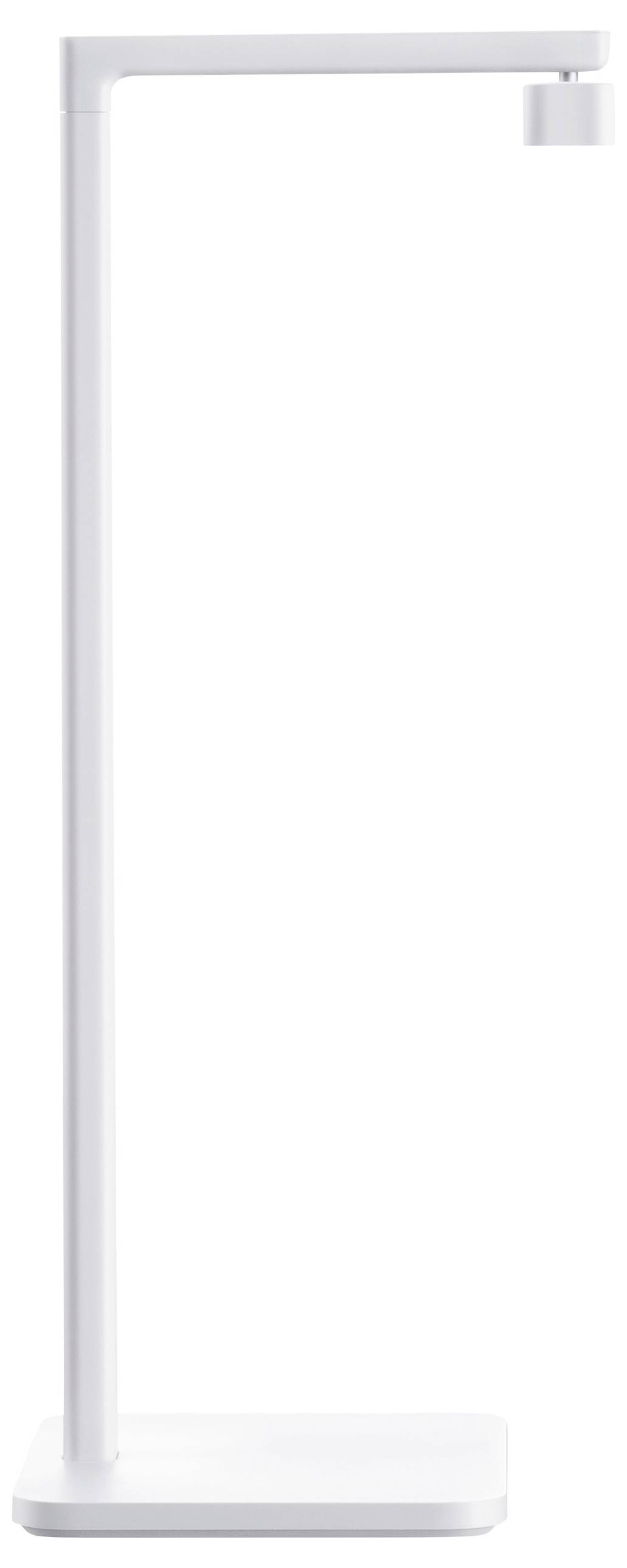 Lampadaire blanc minimaliste au design épuré et à base rectangulaire, idéal pour un intérieur moderne.