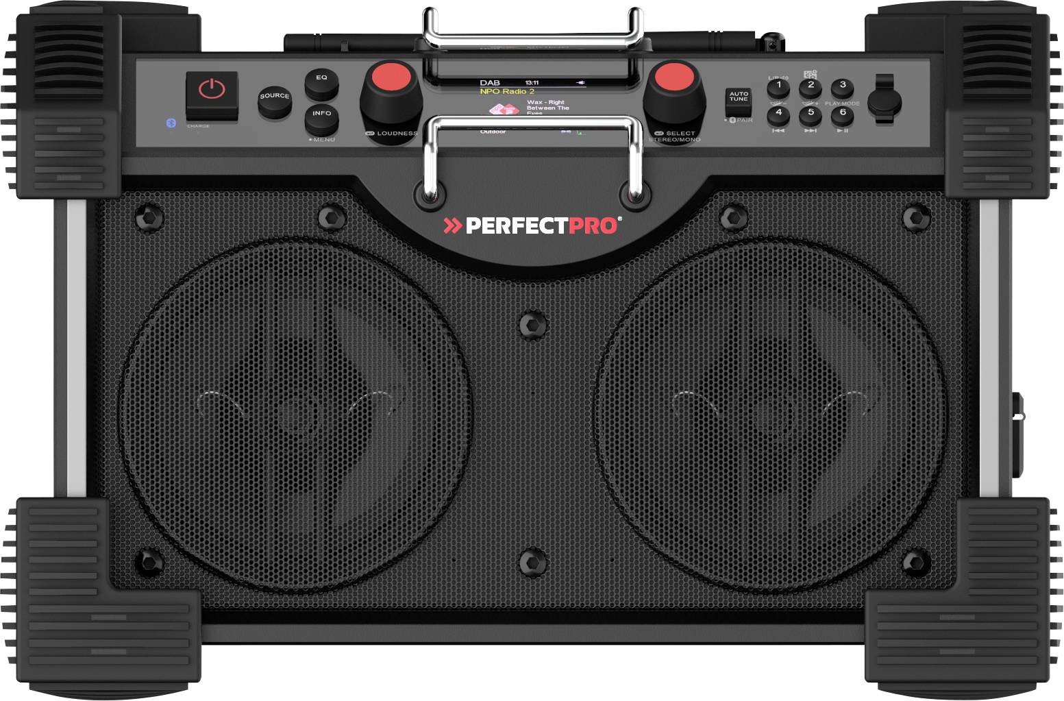 PerfectPro ROCKHART 18V Radio de chantier DAB+, FM AUX, Bluetooth, DAB+, SD, FM, USB fonction Powerbank, protégé contre les