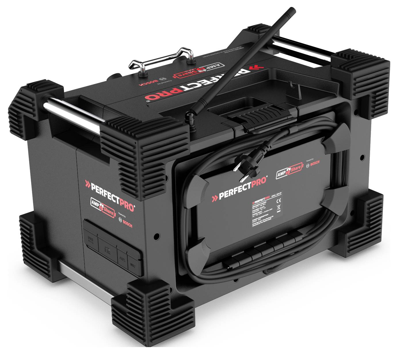 PerfectPro ROCKHART 18V Radio de chantier DAB+, FM AUX, Bluetooth, DAB+, SD, FM, USB fonction Powerbank, protégé contre les