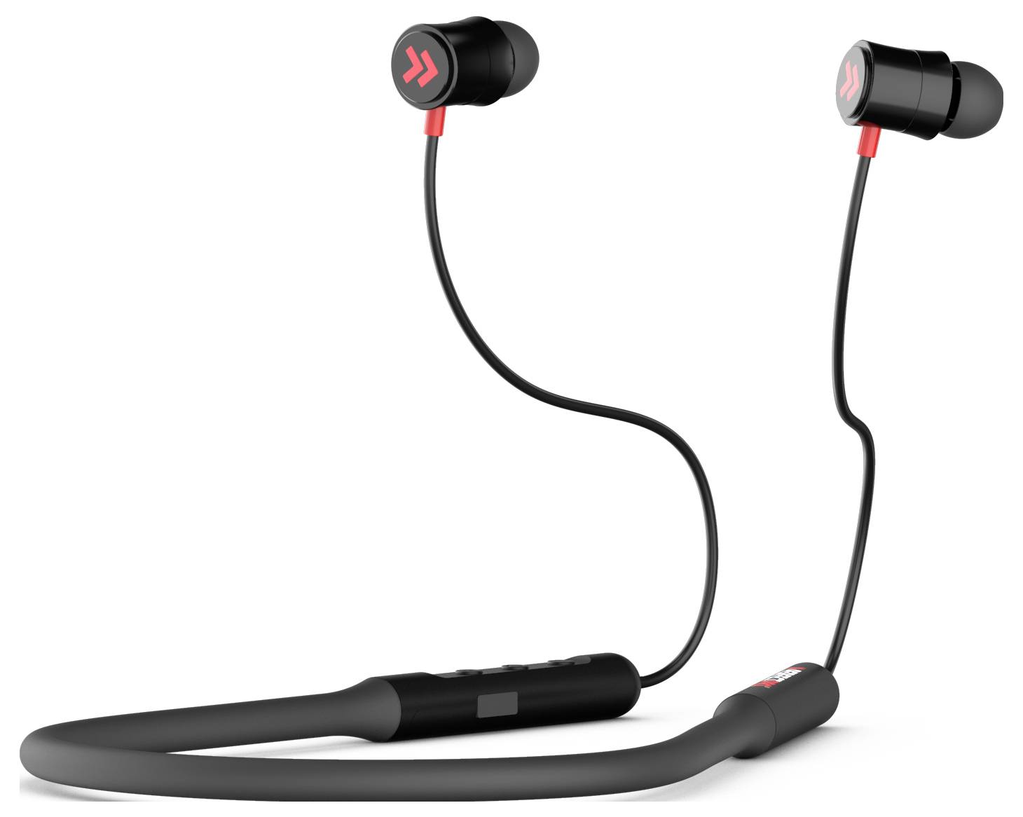Écouteurs intra-auriculaires sans fil noirs avec tour de cou, accents rouges sur les embouts, adaptés à l'écoute de musique et aux appels lors de vos déplacements.