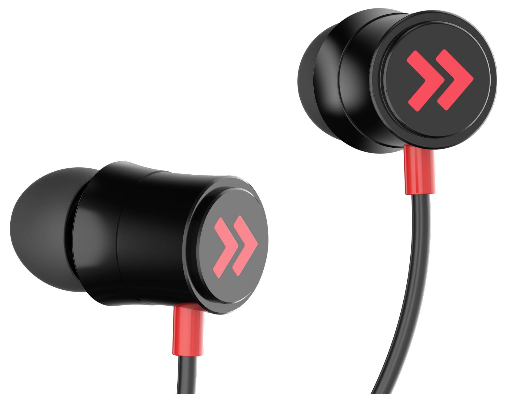 Écouteurs intra-auriculaires noirs avec des symboles de flèches rouges au dos, reliés par un câble.