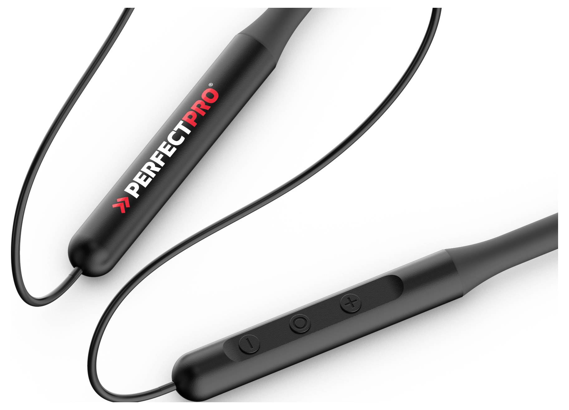 Un casque sans fil au design noir avec le logo 'PERFECTPRO' sur un écouteur. Les touches de contrôle se trouvent sur le câble.
