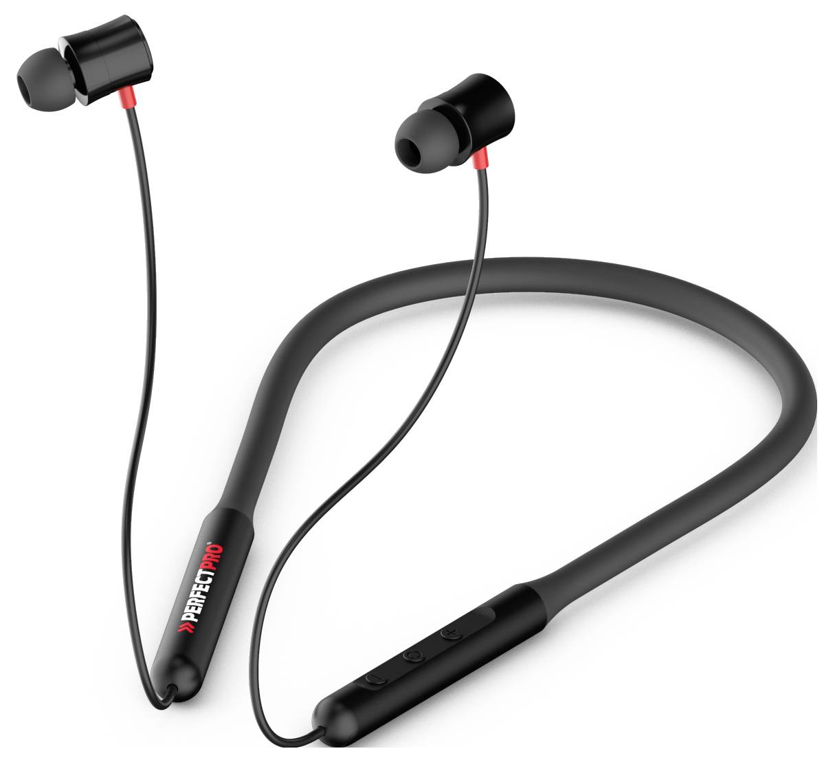 Écouteurs Bluetooth noirs sans fil, intra-auriculaires, avec détail rouge et panneau de commande intégré sur l'arceau.