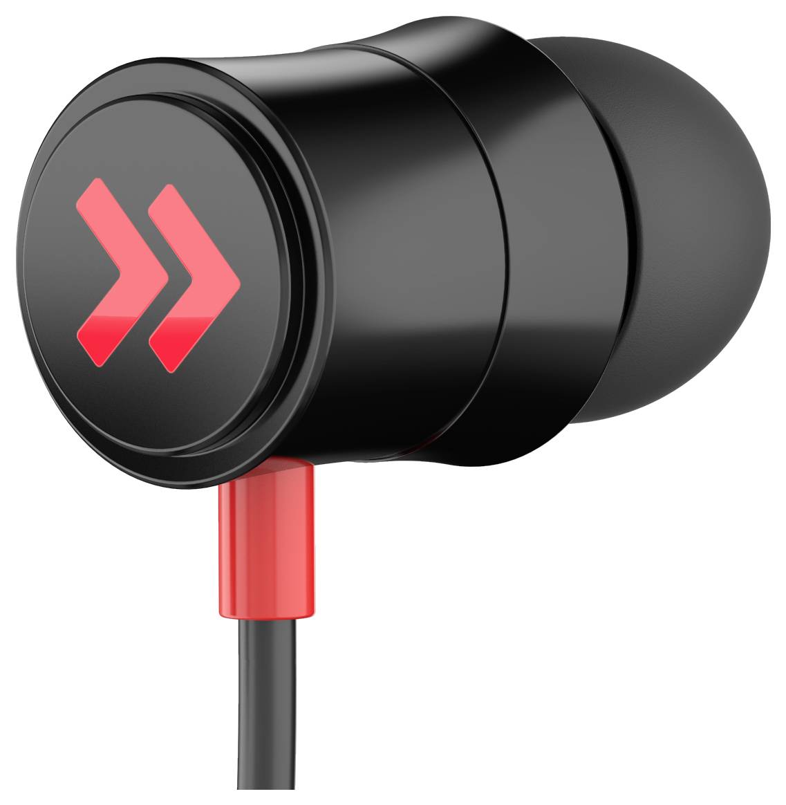 Écouteurs intra-auriculaires noirs avec des accents rouges et un symbole de double flèche en rouge sur la face extérieure.