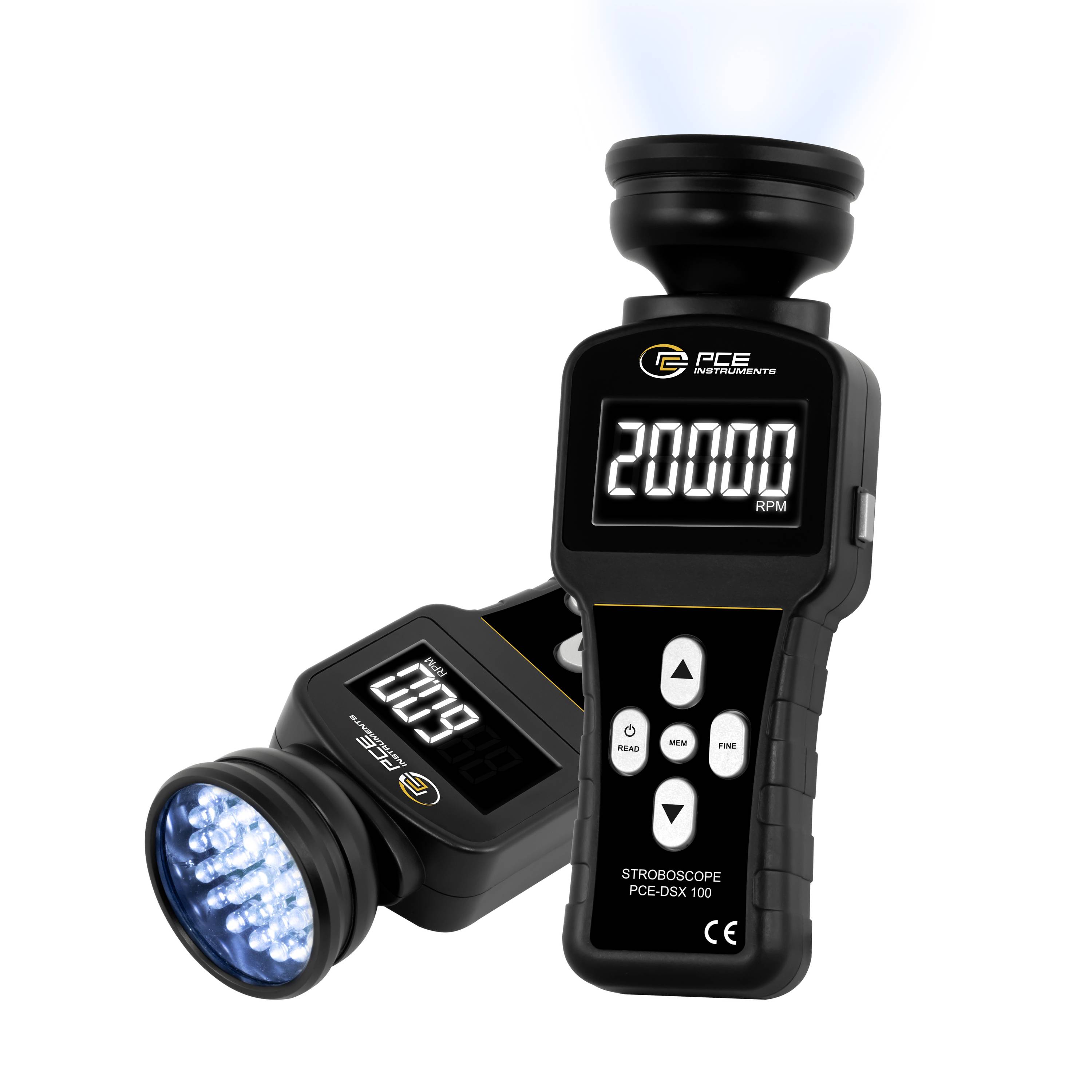 Image de produit de deux stroboscopes portables noirs PCE : l'un affiche « 2000 RPM » et l'autre montre une lumière LED bleue clignotante.