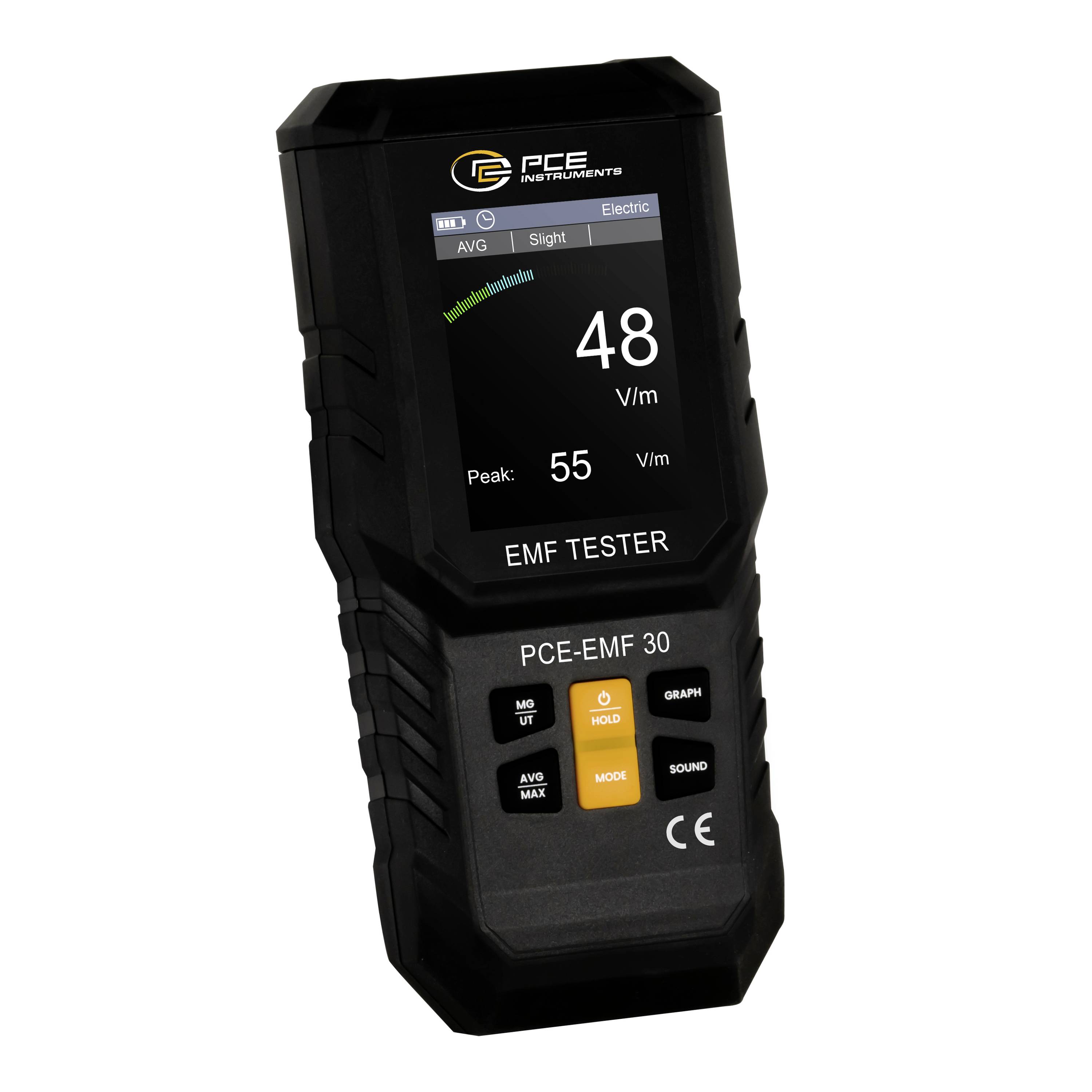 Testeur EMF PCE portatif affichant 48 V/m, pic 55 V/m, avec boutons pour la mémorisation, le mode, le graphique, le son et la moyenne.