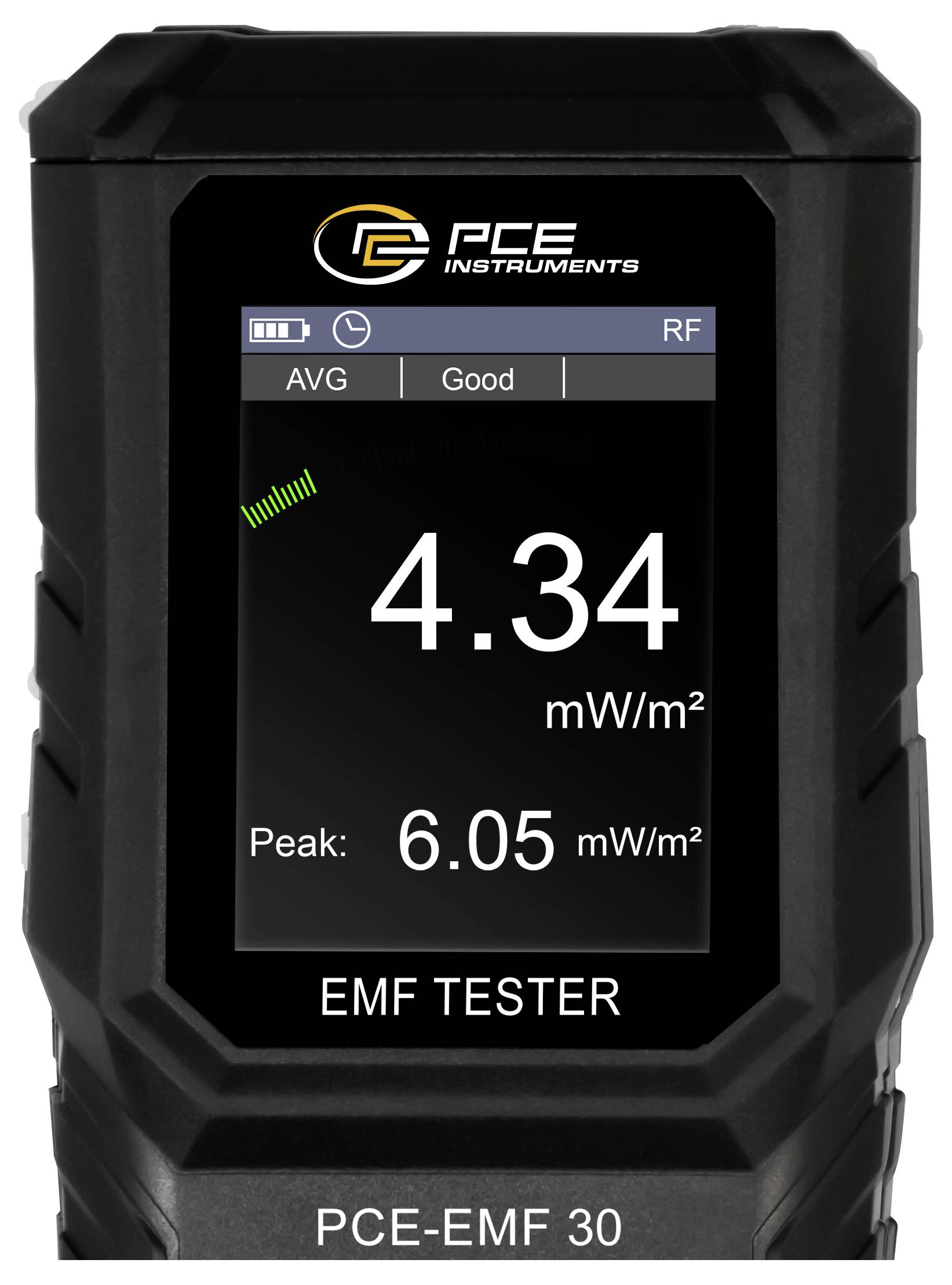 Affichage du radiofréquencemètre PCE EMF 30 mètres montrant la moyenne RF 4,34 mW/m² et le pic 6,05 mW/m², statut « Bon ».