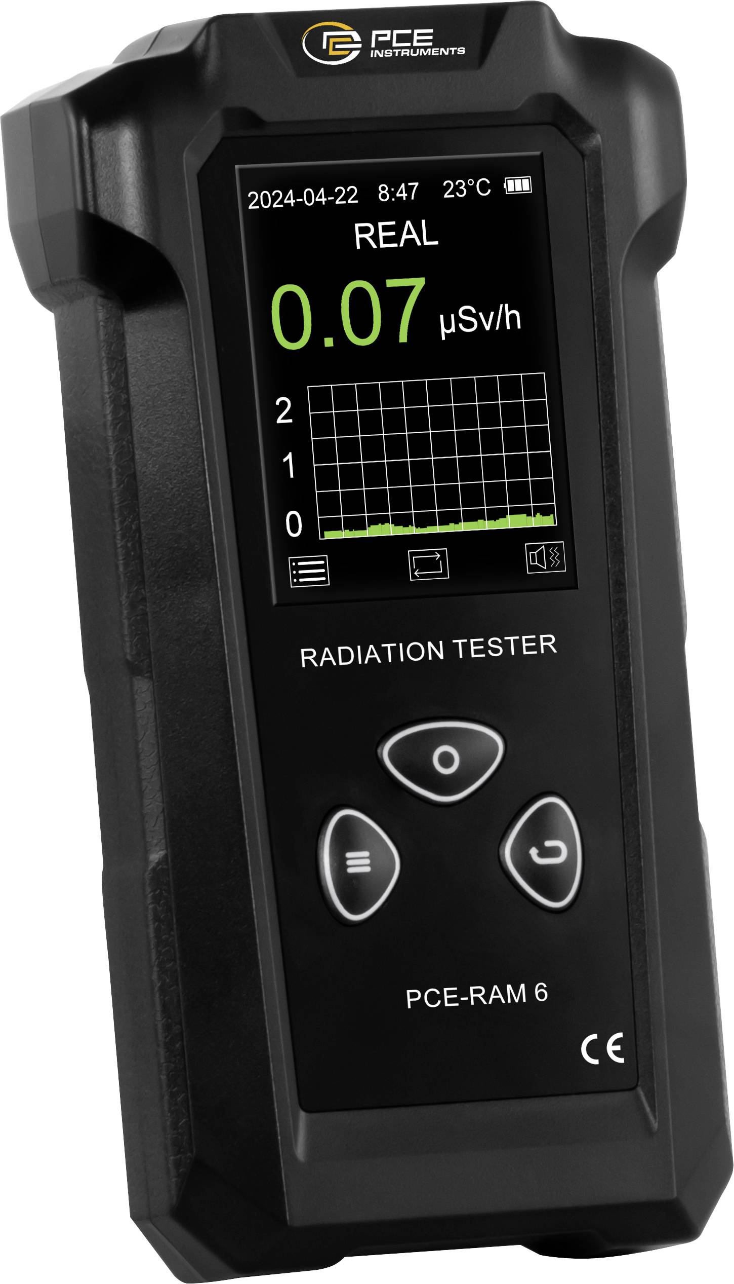 Appareil électronique de mesure des radiations avec affichage : date, heure, température et valeur de 0,07 µSv/h.