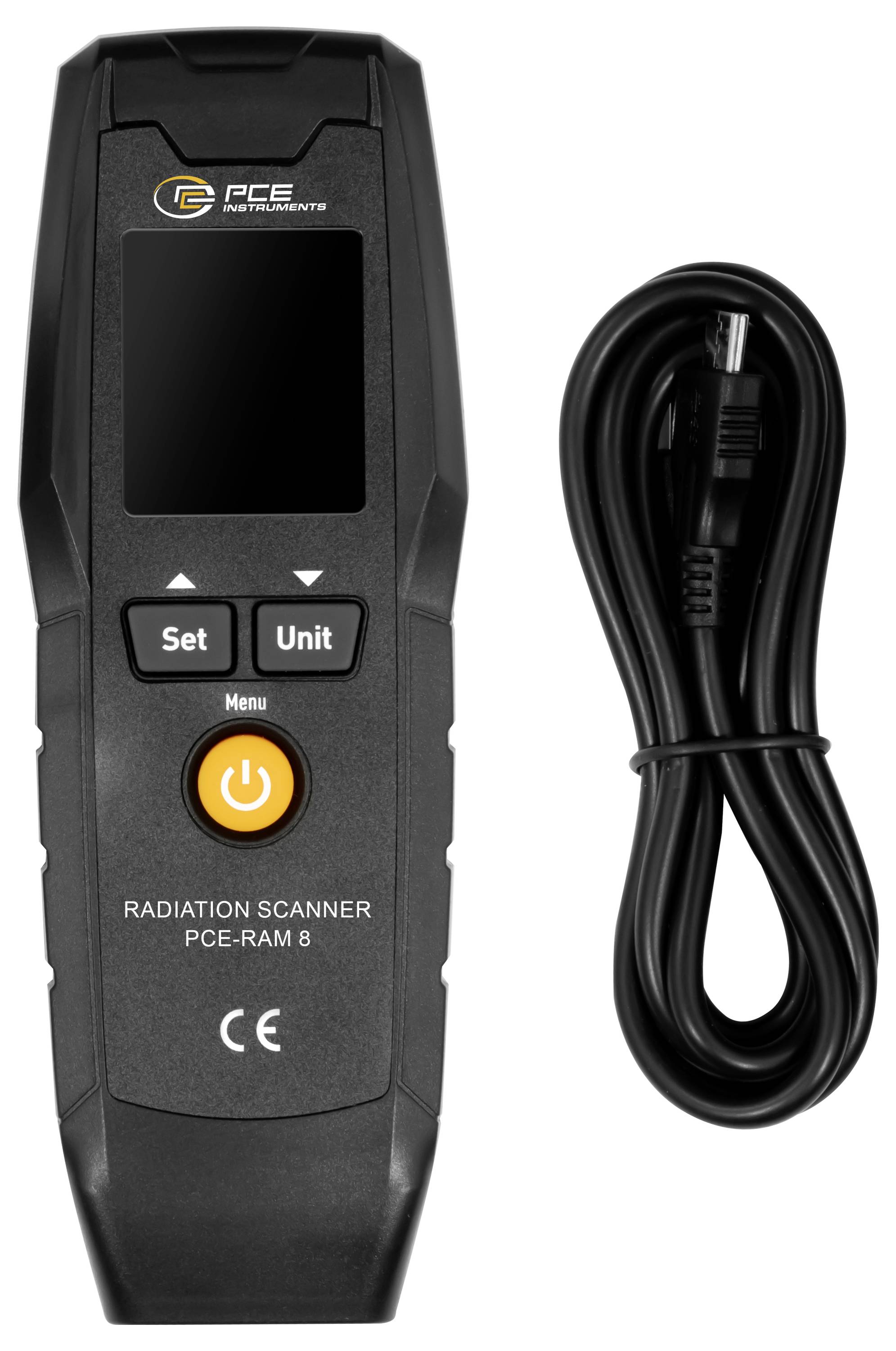 Scanner de radiation PCE portatif avec affichage, boutons Réglage et Unité, bouton d'alimentation, et câble attaché montré à côté.