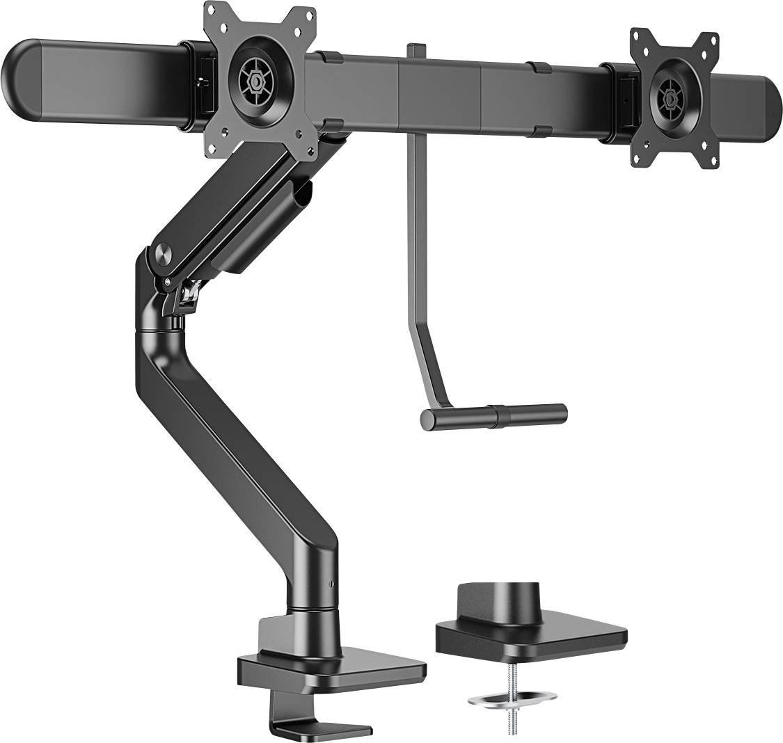 Un bras de moniteur double noir avec des articulations réglables et une fixation par pince, adapté pour être fixé sur des bureaux.
