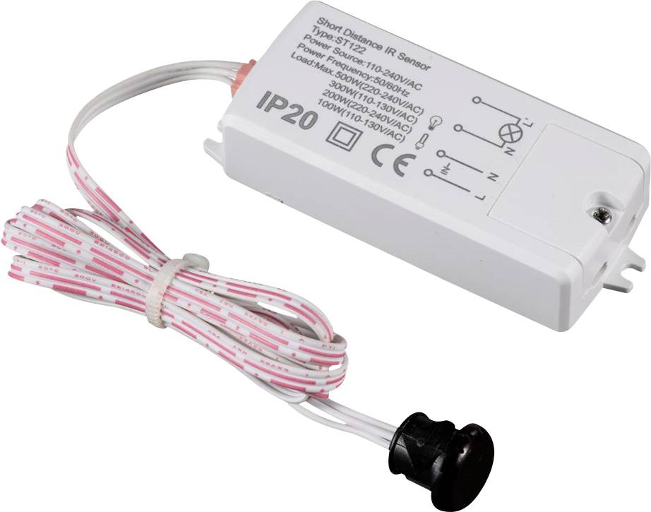 Un capteur IR à courte distance avec certification IP20, adapté pour la commande d'éclairage. Contient des données techniques et des symboles de sécurité.