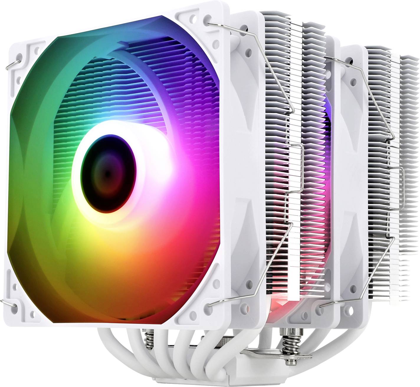 Un dissipateur thermique CPU blanc avec éclairage RVB affiche des couleurs lumineuses. Il possède plusieurs ailettes de refroidissement et est conçu pour être utilisé dans des ordinateurs.