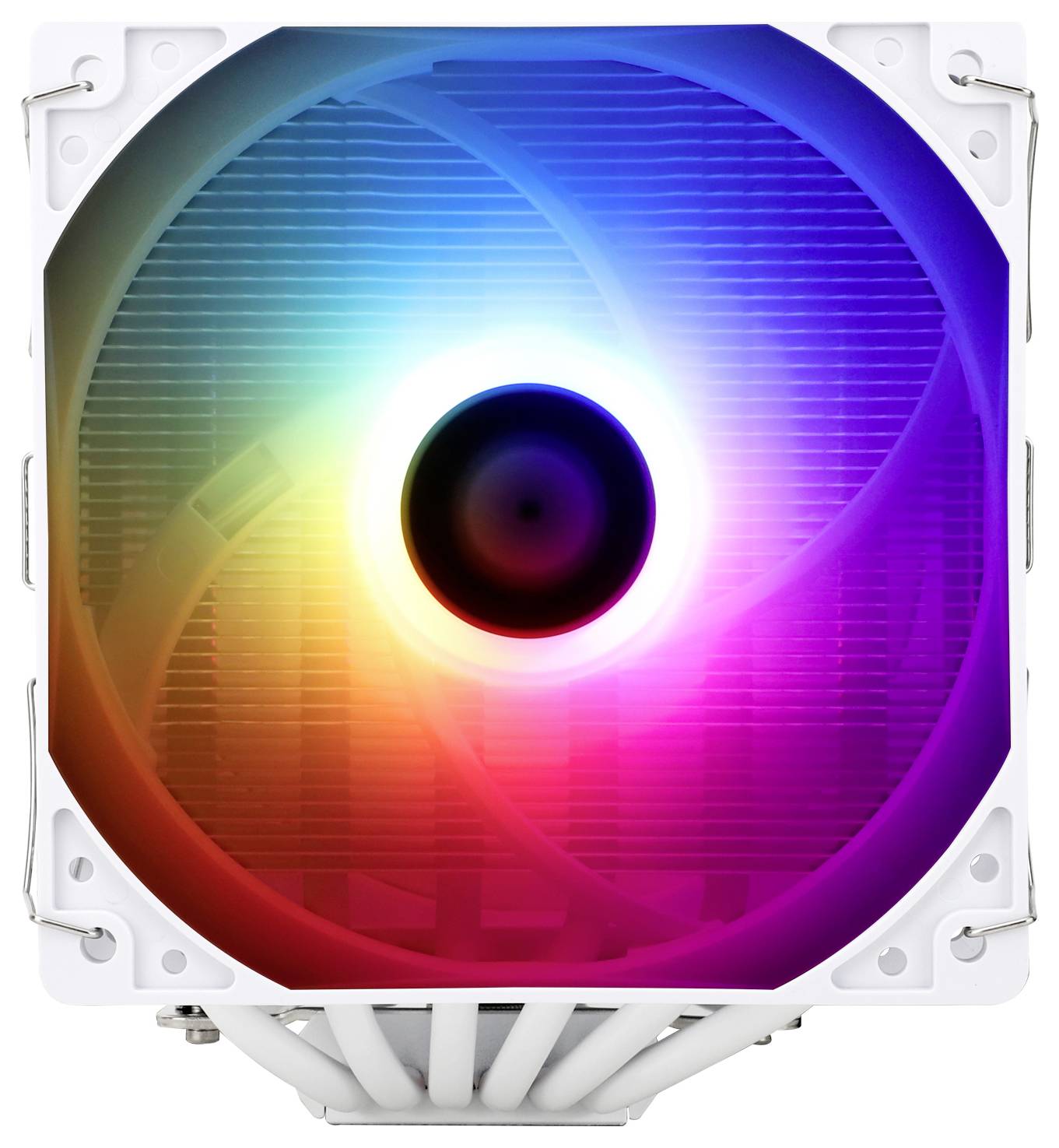 Un dissipateur de chaleur de CPU éclairé avec des LED RVB qui brillent dans différentes couleurs. Le ventilateur est placé au centre devant les ailettes de refroidissement.