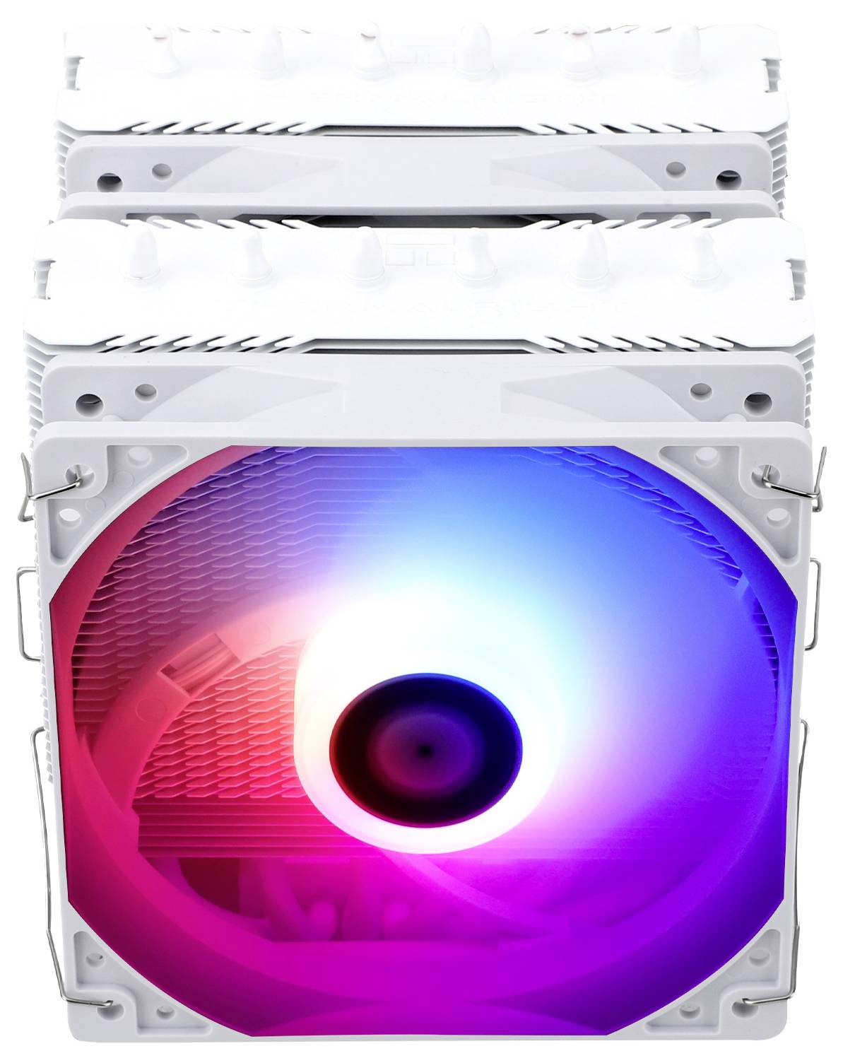 Un ventilateur d'ordinateur blanc avec éclairage RVB affiche des couleurs allant du bleu au rouge. Le ventilateur est conçu de manière symétrique et élégante.