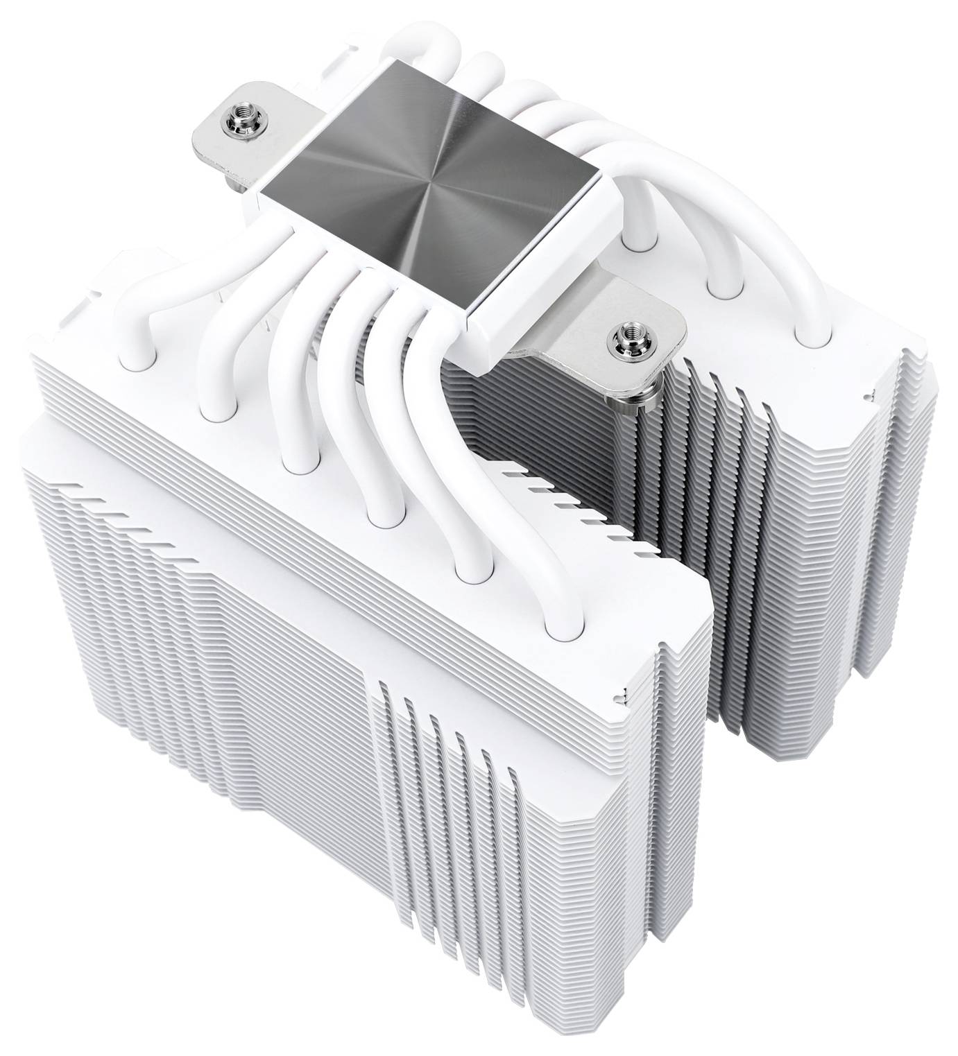 Un dissipateur thermique CPU blanc avec plusieurs caloducs et deux grands blocs d'ailettes métalliques pour l'évacuation de la chaleur.