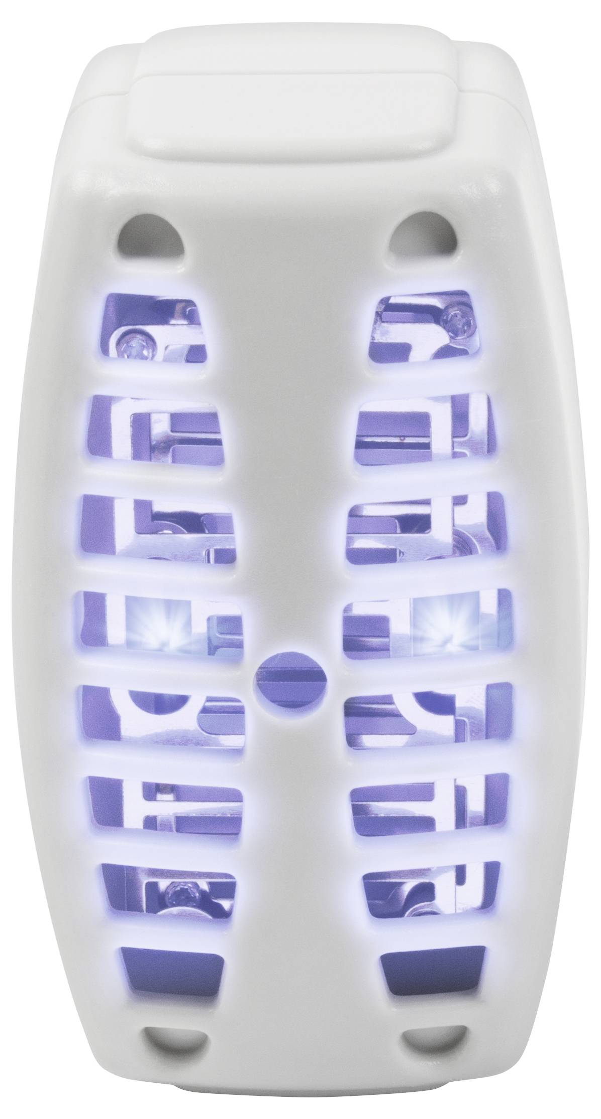 Destructeur électrique de moustiques avec des lamelles verticales blanches et lumière bleue à l'intérieur. Design ovale et compact.