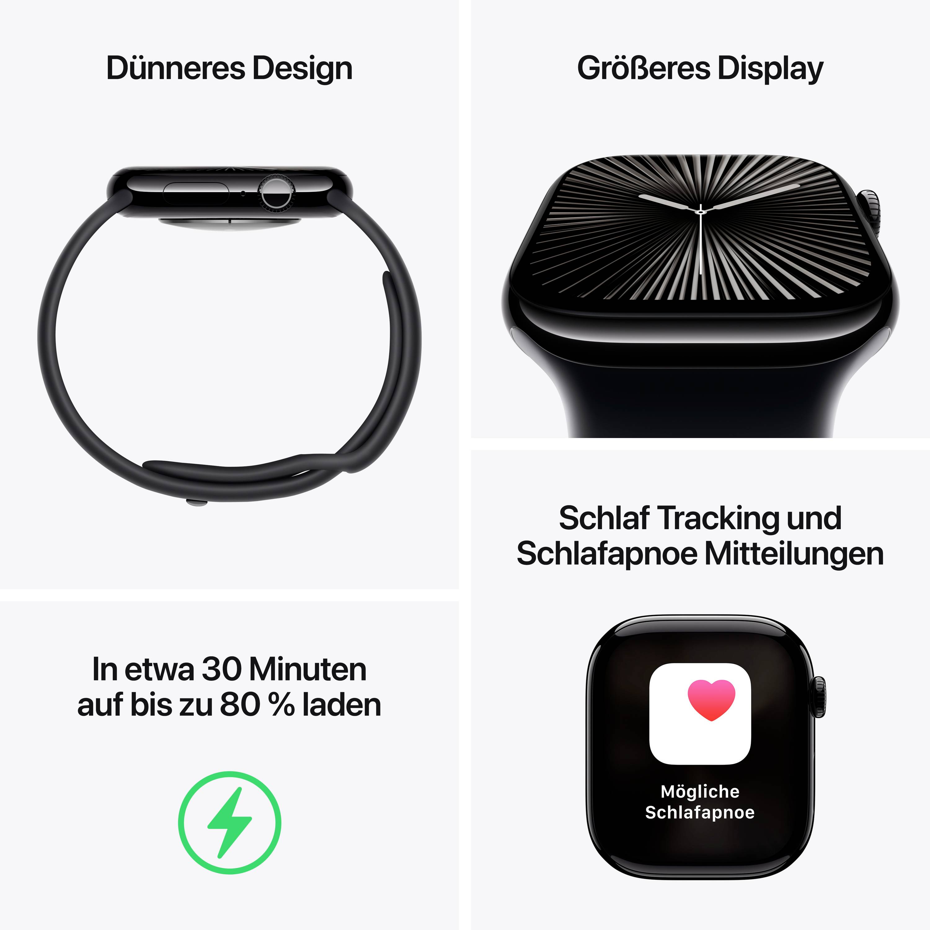 Le montage présente une montre connectée au design plus fin, avec un écran plus grand et des fonctionnalités de suivi du sommeil et de notifications. Charge rapide en 30 minutes.